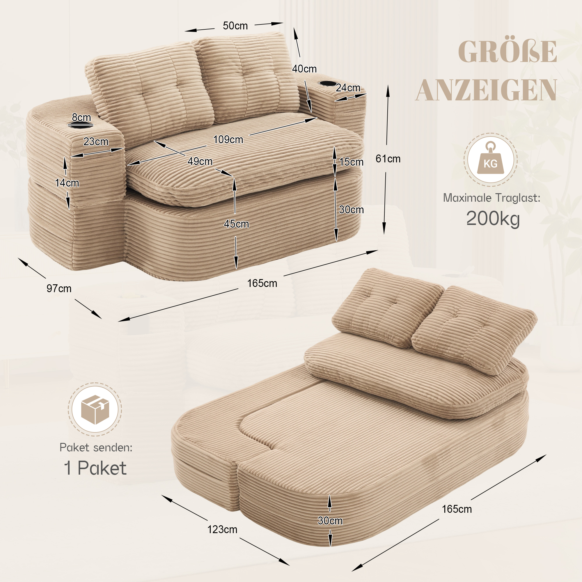 Fauteuil de relaxation 2 place en velours côtelé Khaki 🪑 - vue complémentaire 1