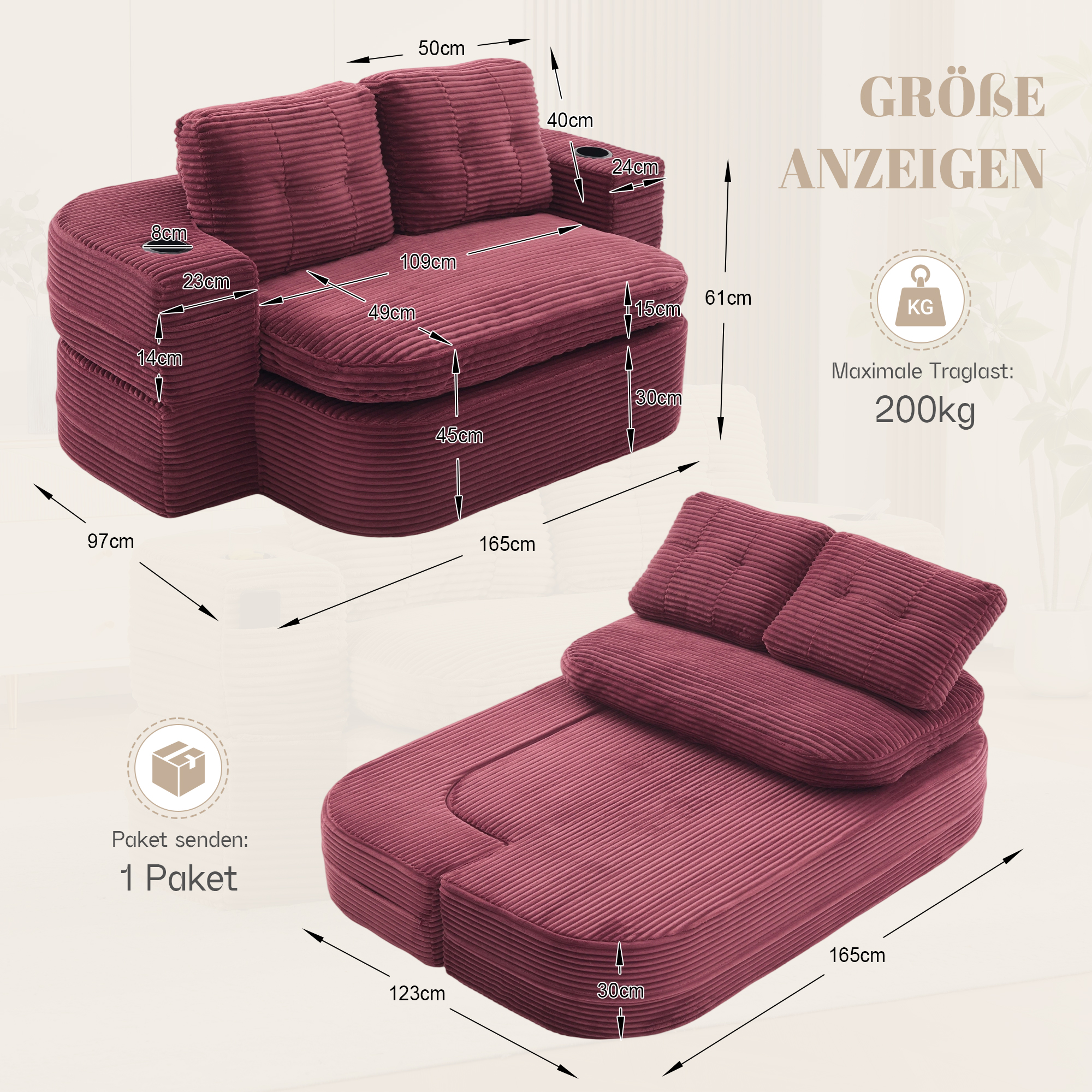 Fauteuil de relaxation 2 place en velours côtelé Rouge bordeaux 🪑 - vue complémentaire 1