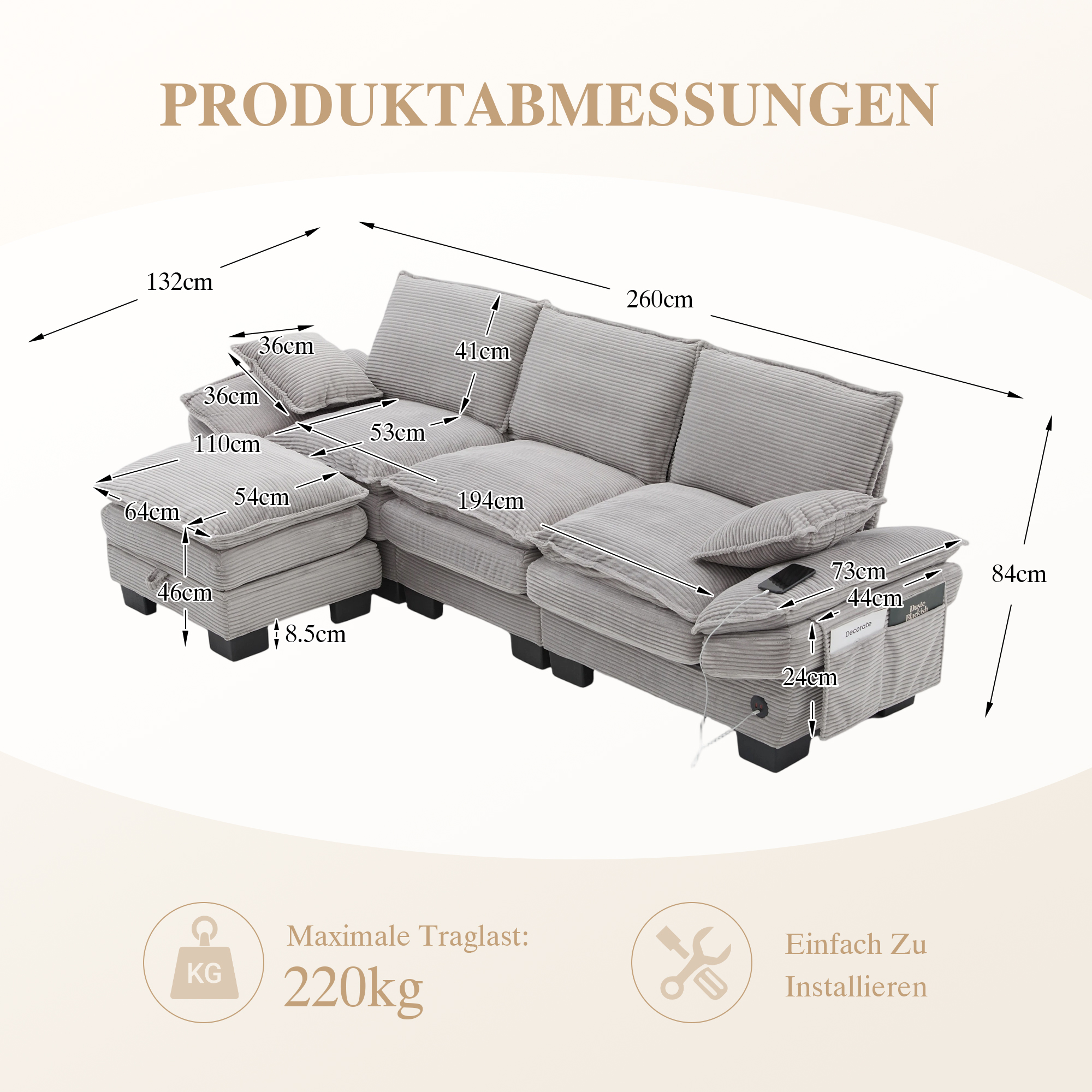Canapé modulable 3 places 260 x 132 x 84 cm, avec coffre sous l’assise, pouf, ports USB/USB-C et prise électrique, Velours côtelé, gris clair - spécifications 1