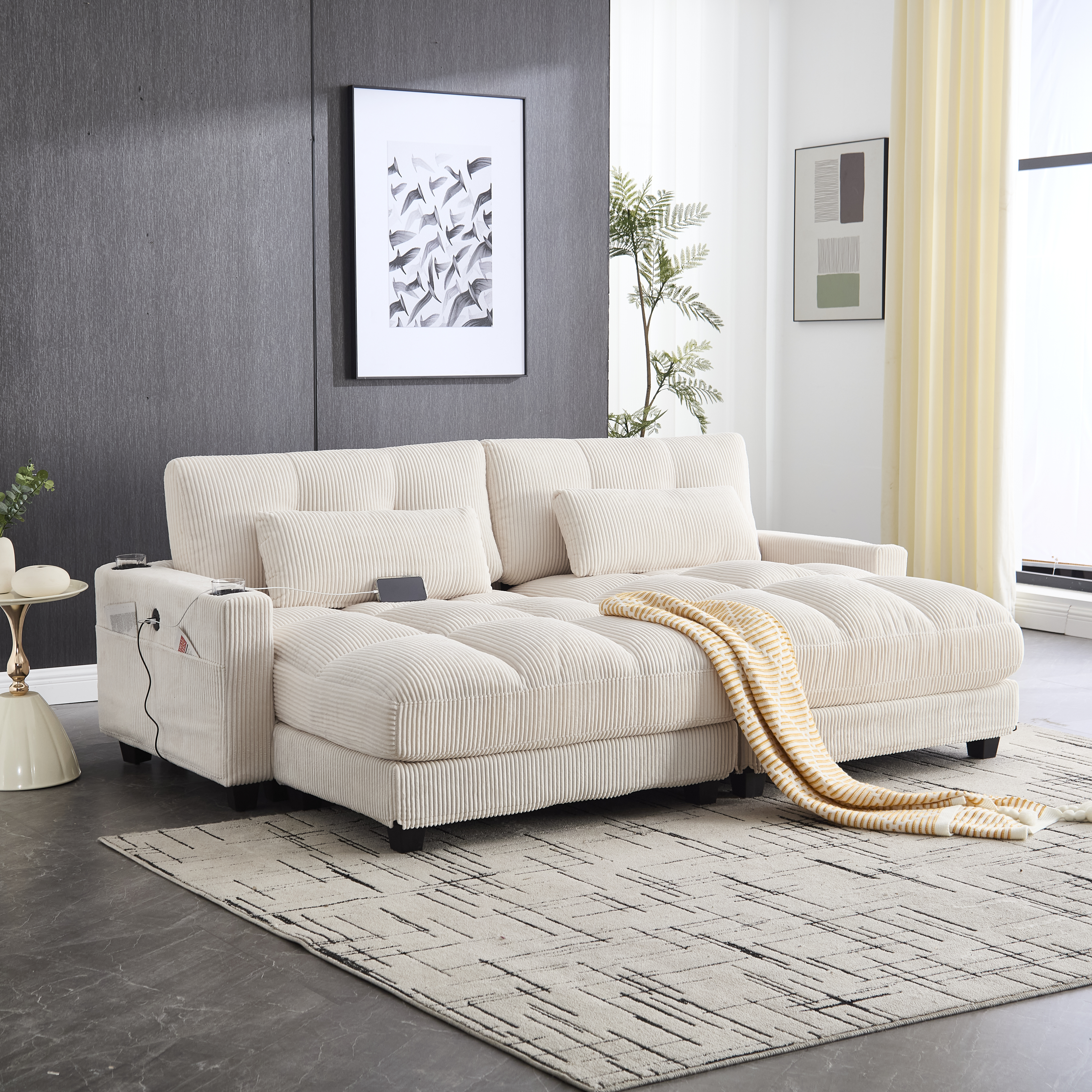 Canapé modulable 2 places 224 x 140 x 81 cm, avec poches latérales, porte-gobelets, port USB et prise électrique, Velours côtelé, beige - présentation 1