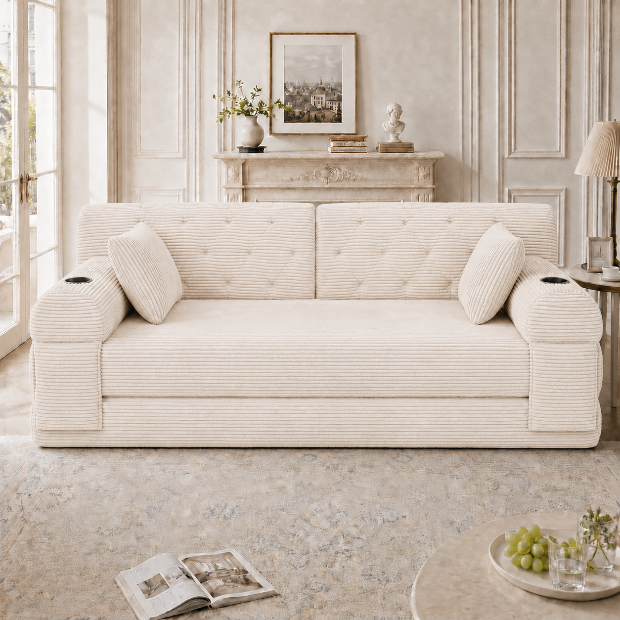 Canapé convertible 3 places 208x80x81 cm avec rangements, porte-gobelets en velours côtelé beige - présentation 1