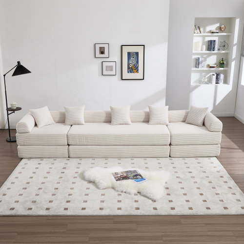Canapé familial modulable 4 places beige en velours côtelé avec méridienne et rangement latéral