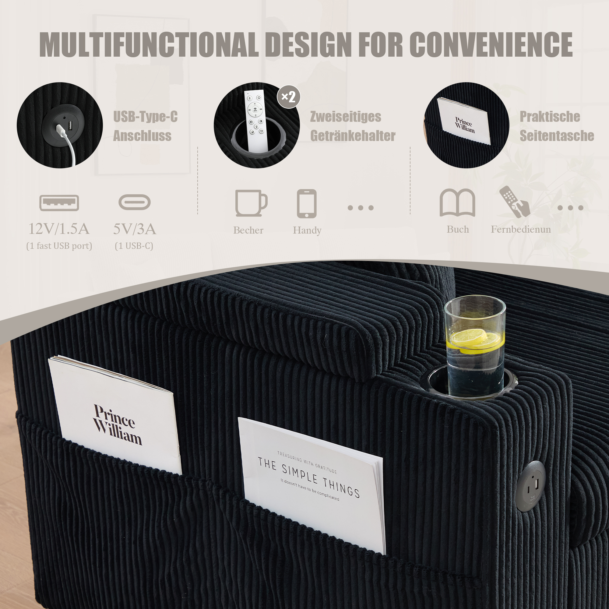 Prises USB-C canapé velours côtelé 3 places