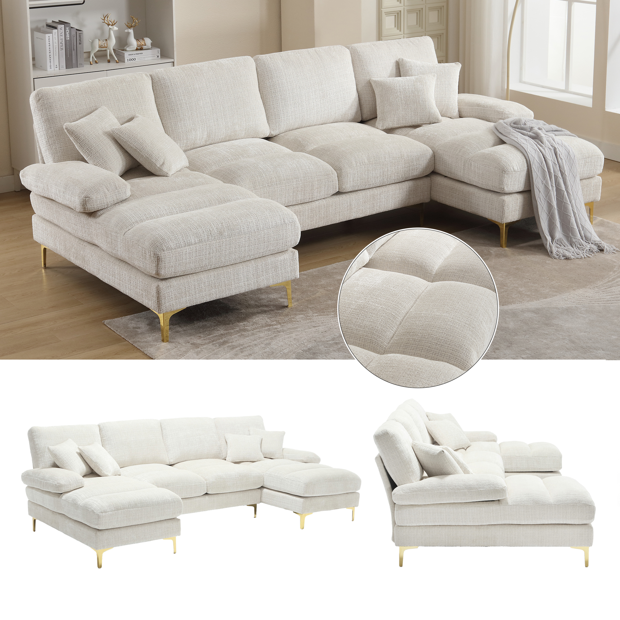 Canapé d'angle U 4 places beige chenille