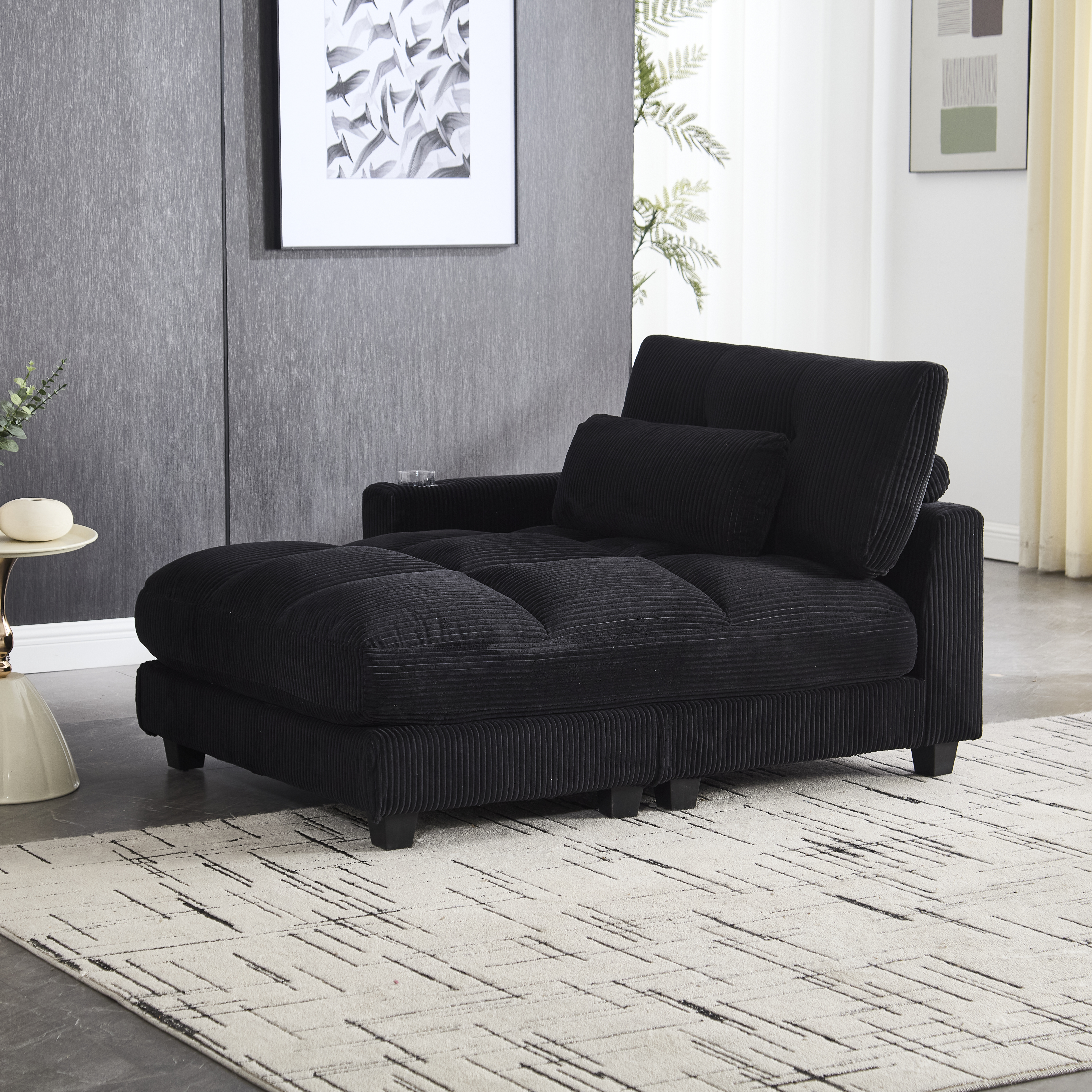 Canapé modulable 2 places 224 x 140 x 81 cm, avec poches latérales, porte-gobelets, port USB et prise électrique, Velours côtelé, noir - vue principale 1
