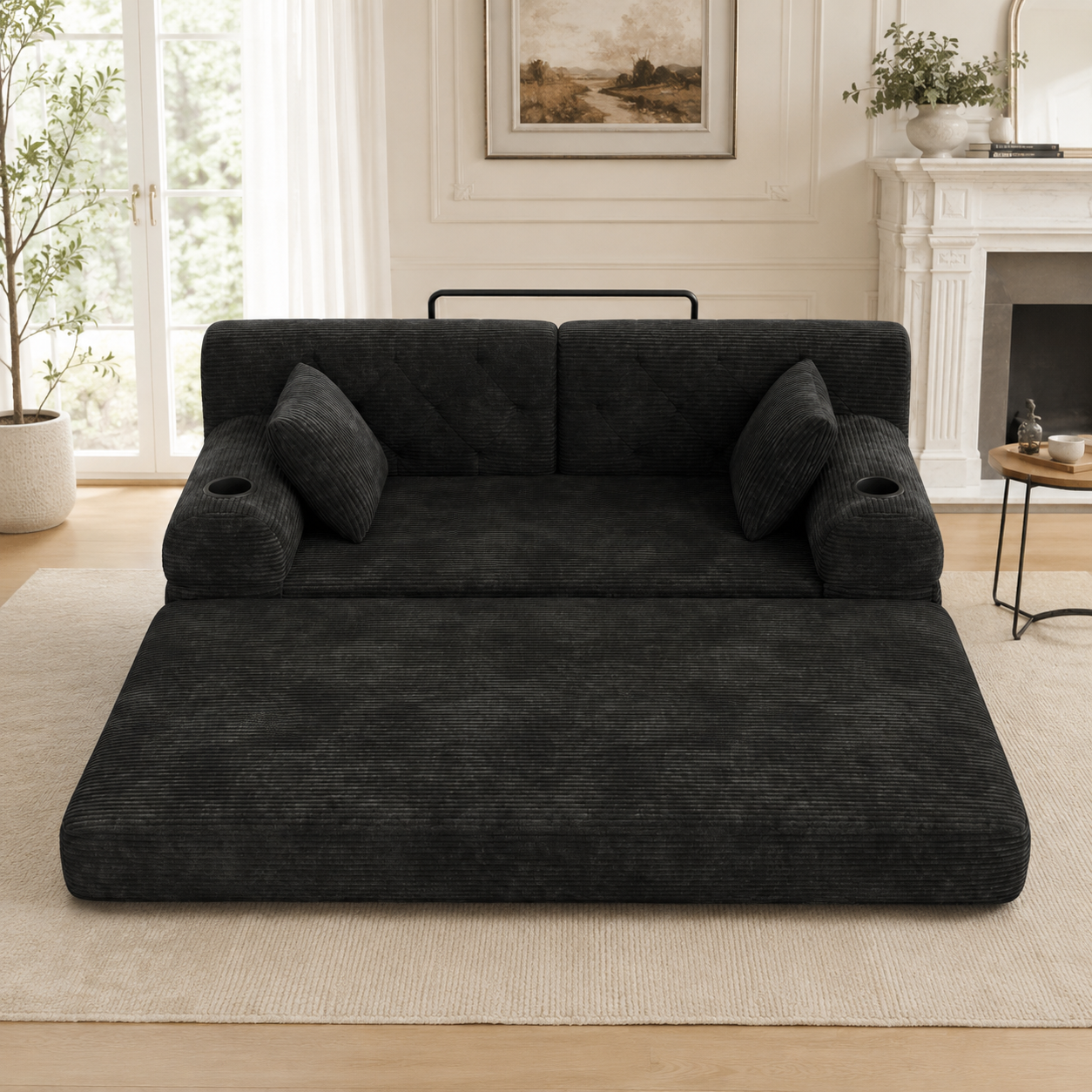 Canapé convertible 3 places 208x80x81 cm avec rangements, porte-gobelets en velours côtelé noir - présentation 1