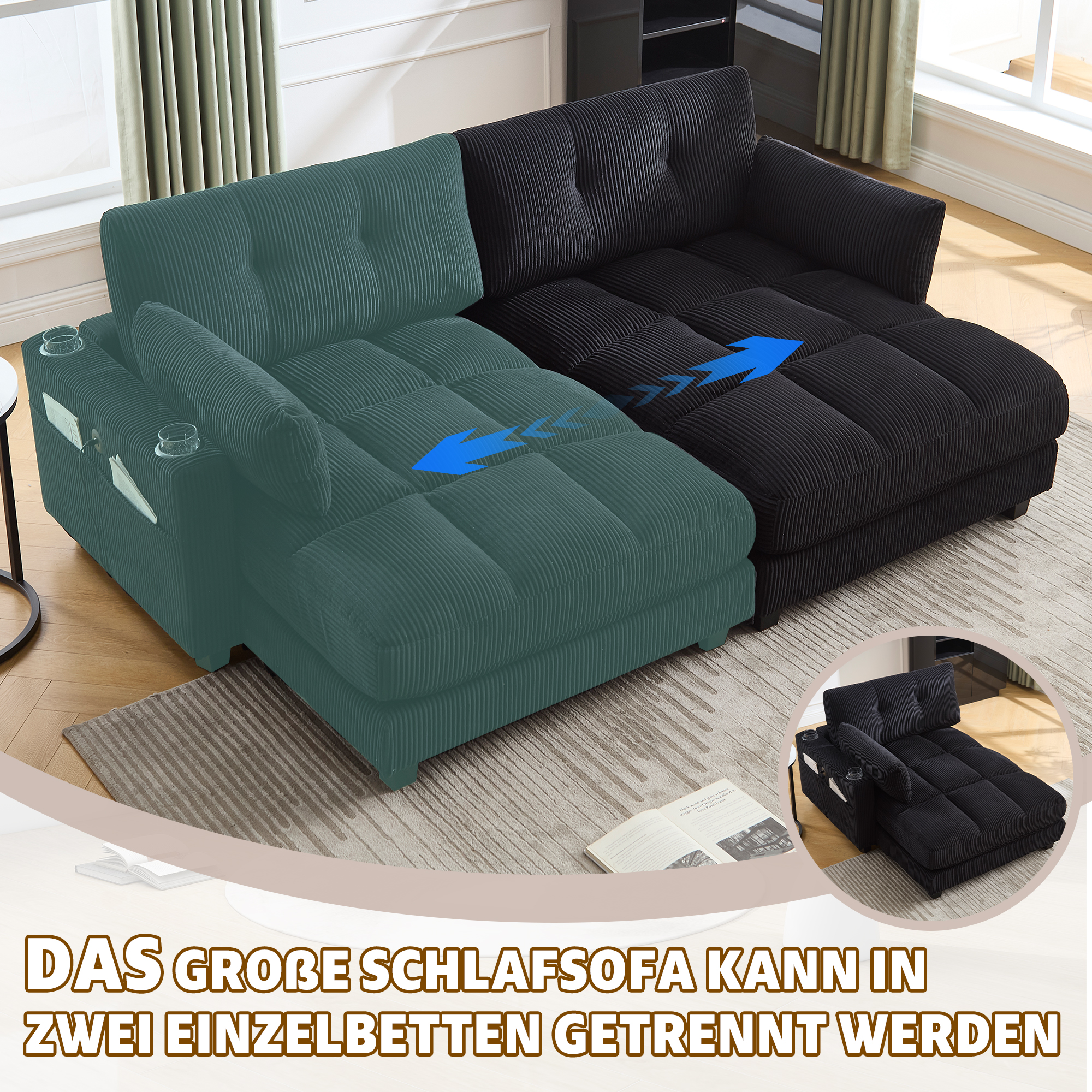 Canapé modulable 2 places 224 x 140 x 81 cm, avec poches latérales, porte-gobelets, port USB et prise électrique, Velours côtelé, noir - présentation 1