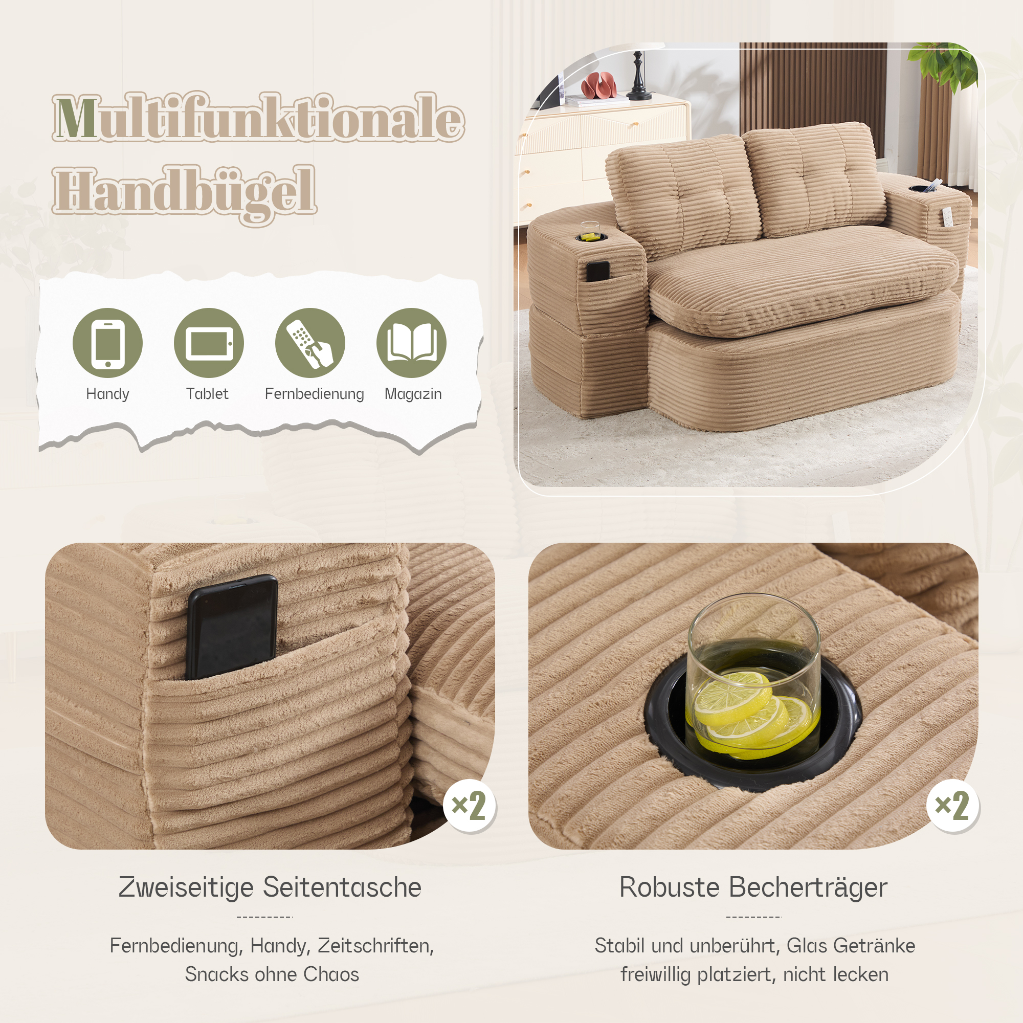 Fauteuil de relaxation 2 place en velours côtelé Khaki 🪑 - spécifications 1