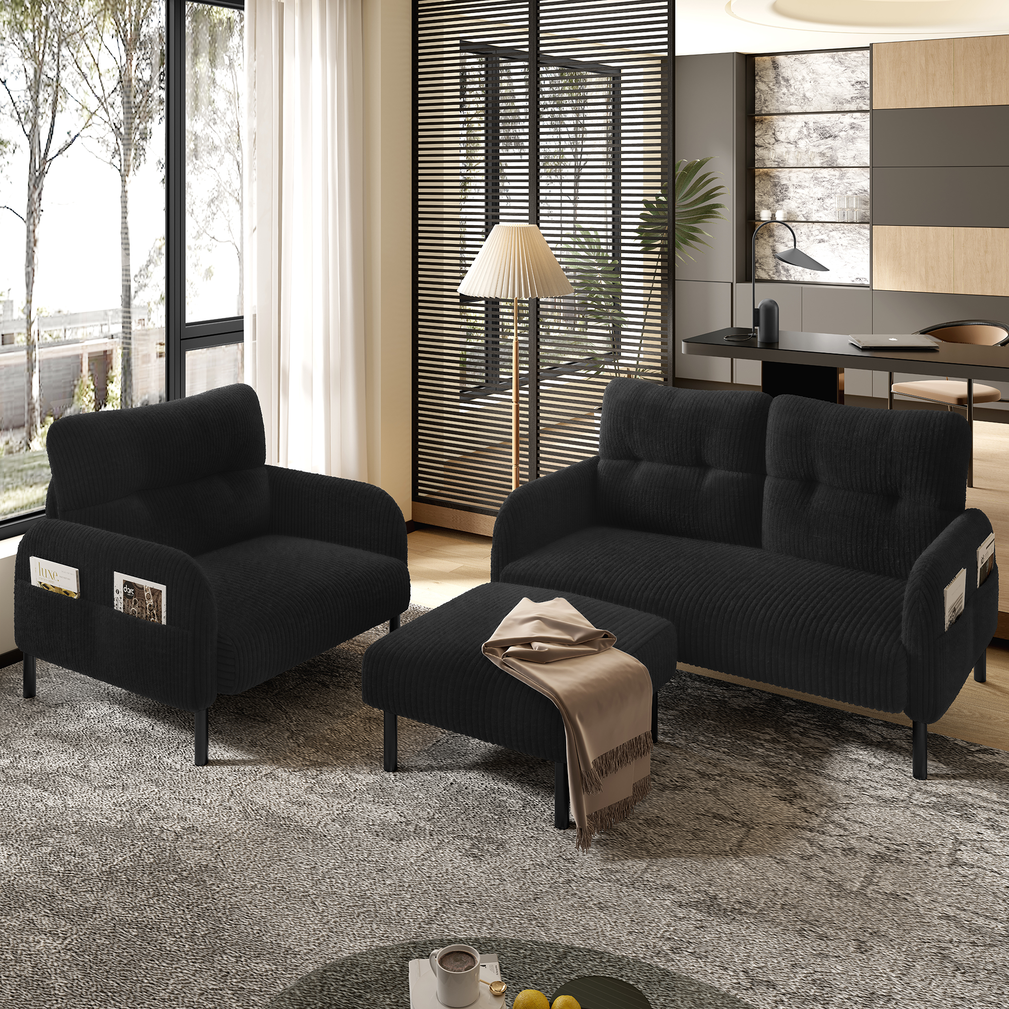 Cord 3er-Set Sessel + Hocker + 2-Sitzer Sofa mit S
