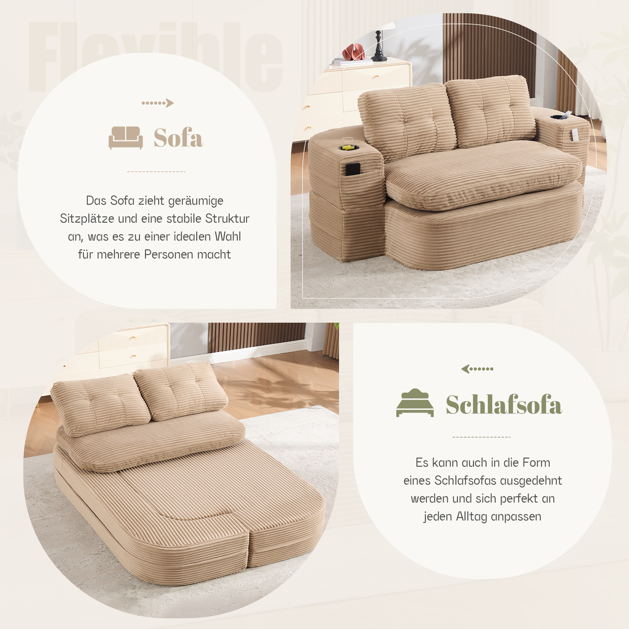 Fauteuil de relaxation 2 place en velours côtelé Khaki 🪑 - points forts 1