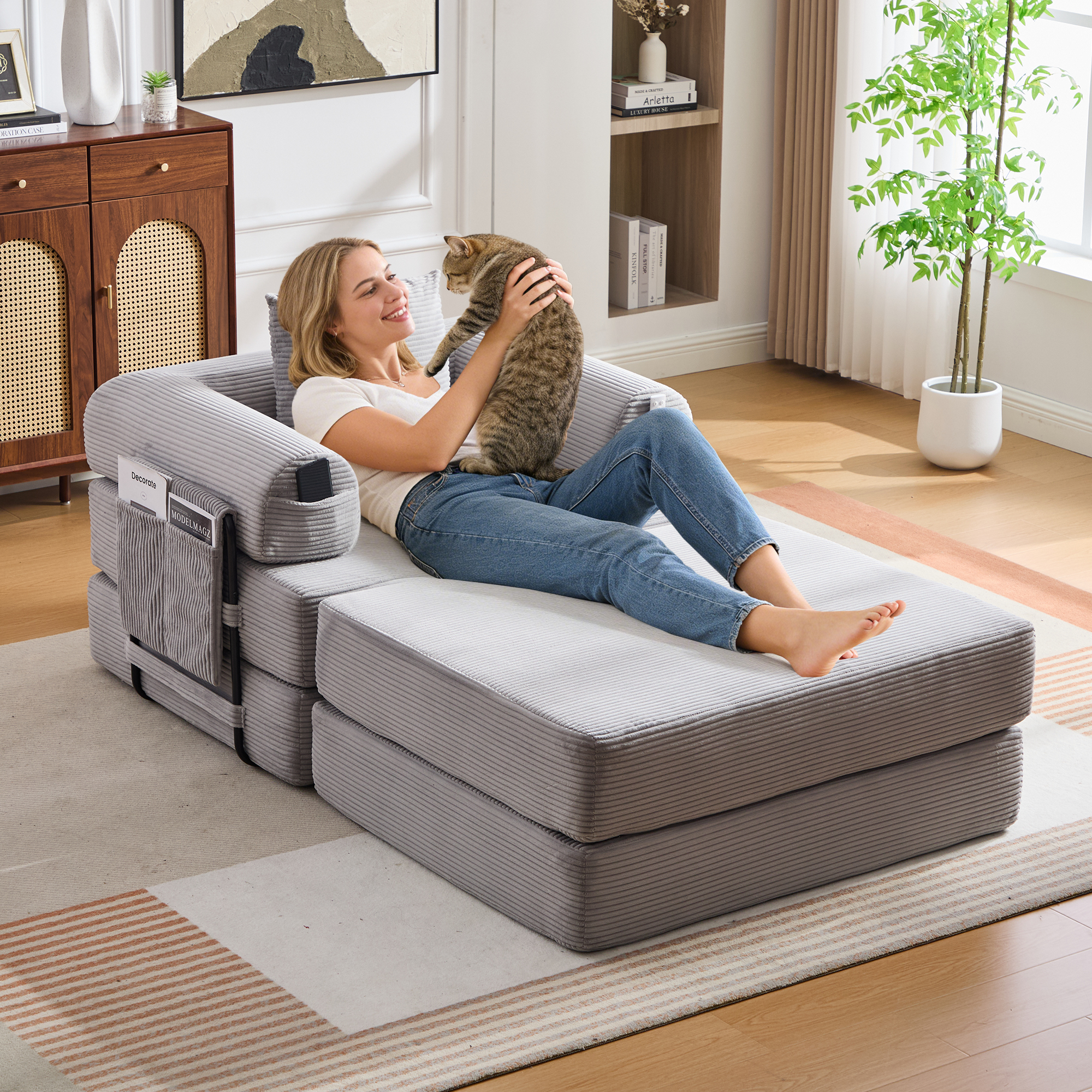 Fauteuil compressible gris clair en corduroy avec pouf et métal - vue 3