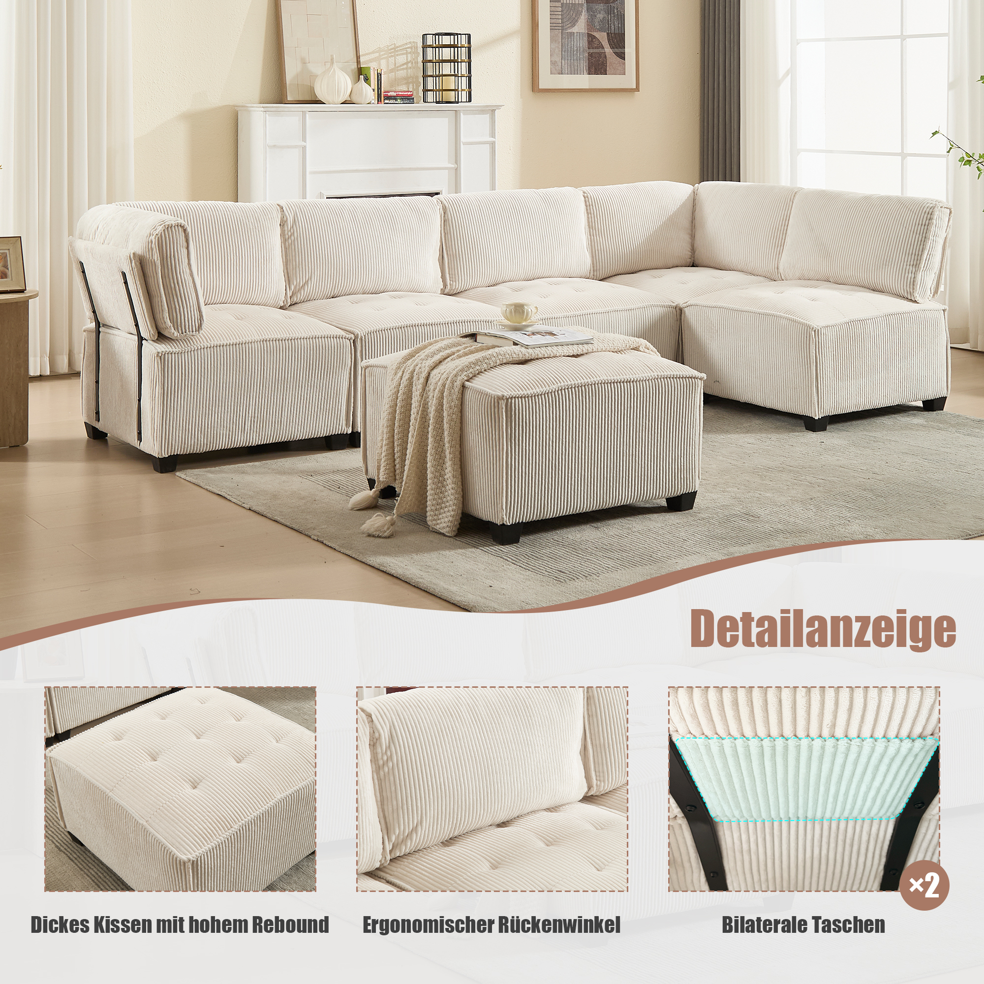 Canapé modulaire 6 places en velours avec configur - image 3