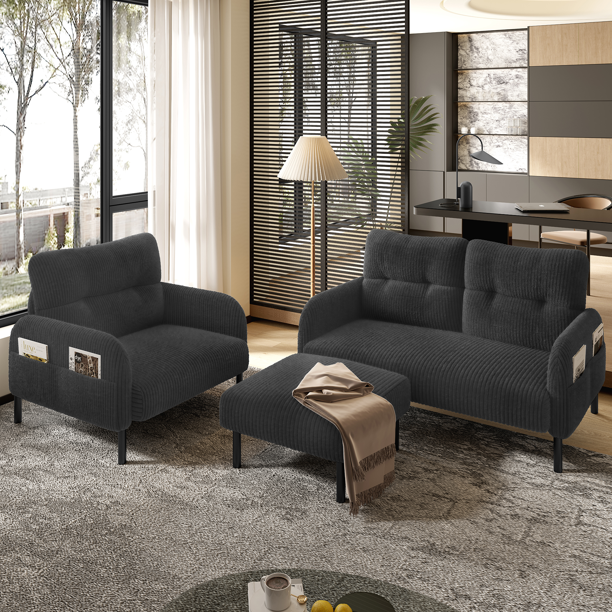 Cord 3er-Set Sessel + Hocker + 2-Sitzer Sofa mit S