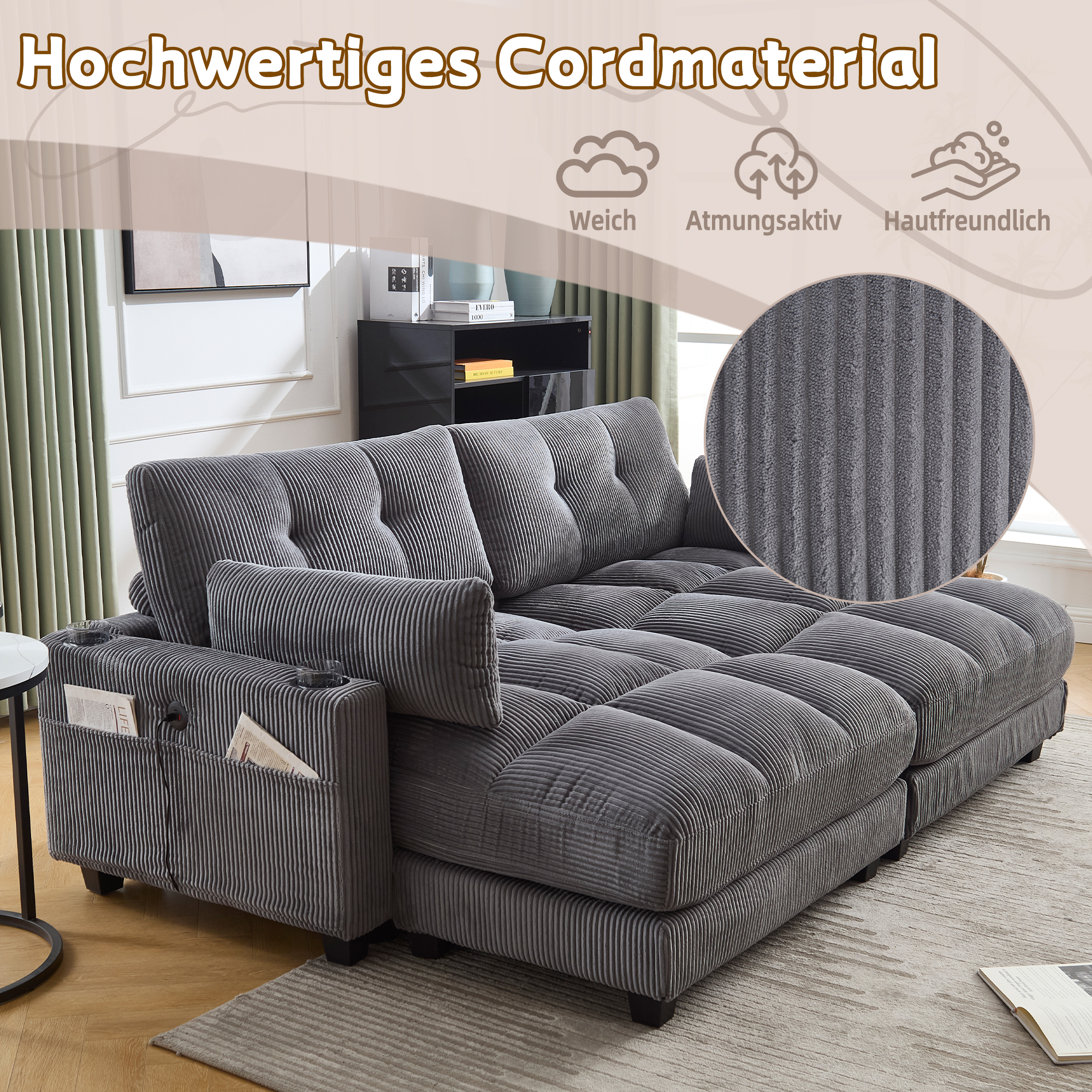 Canapé modulable 2 places 224 x 140 x 81 cm, avec poches latérales, porte-gobelets, port USB et prise électrique, Velours côtelé, gris foncé - points forts 1