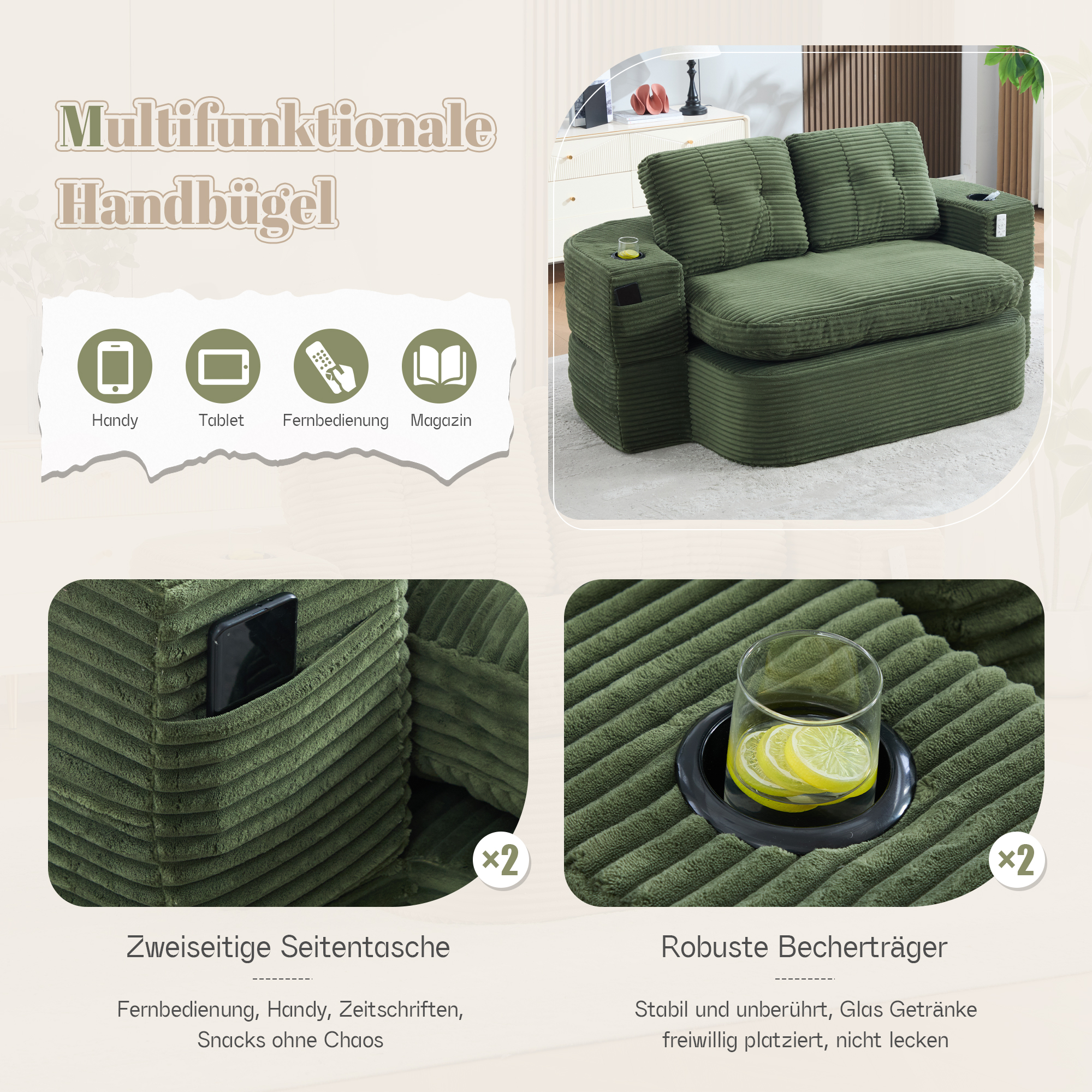 Fauteuil de relaxation 2 place en velours côtelé Émeraude 🪑 - spécifications 1