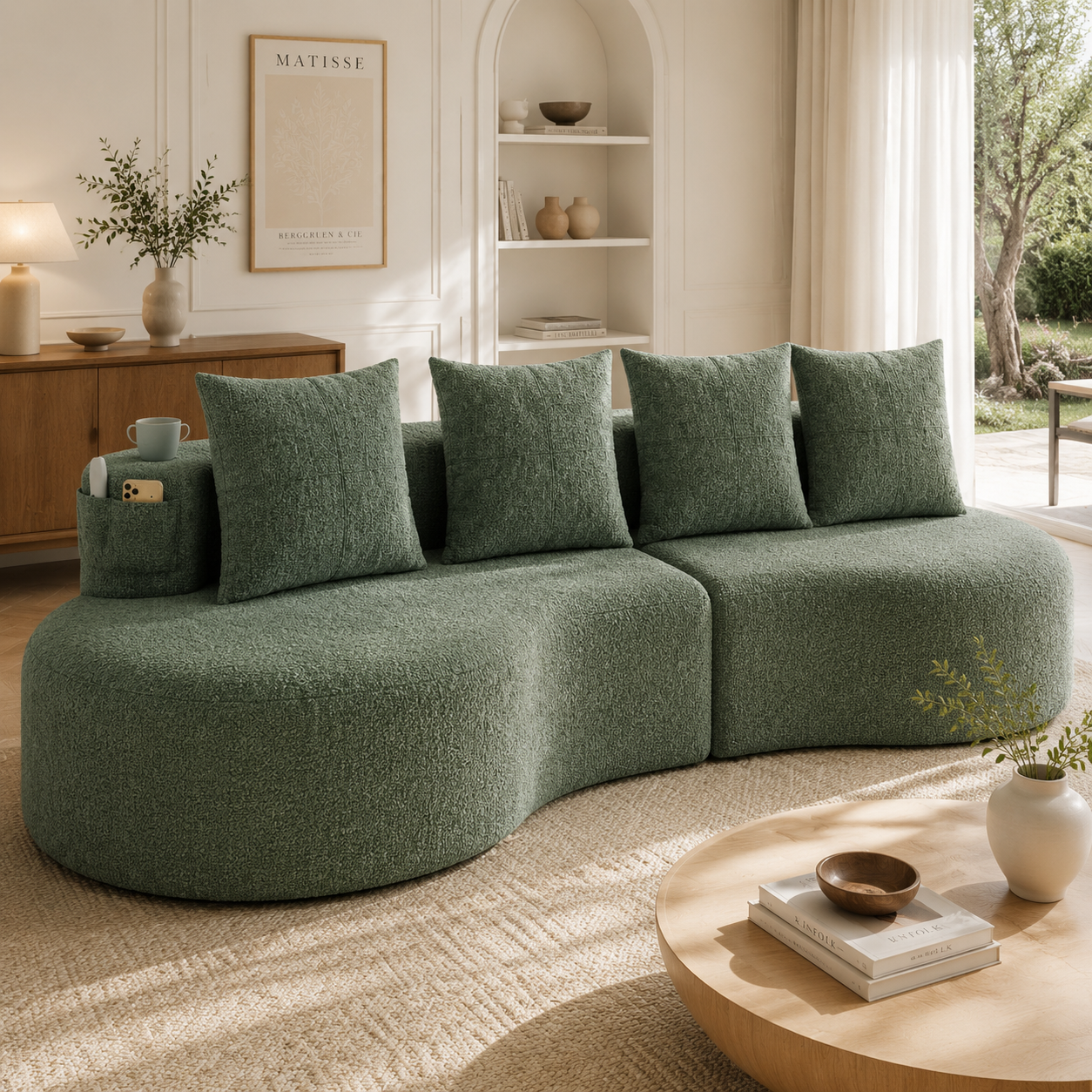 Leinenstoff-Sofa mit 4 Kissen, Hochdichtschaumfüll