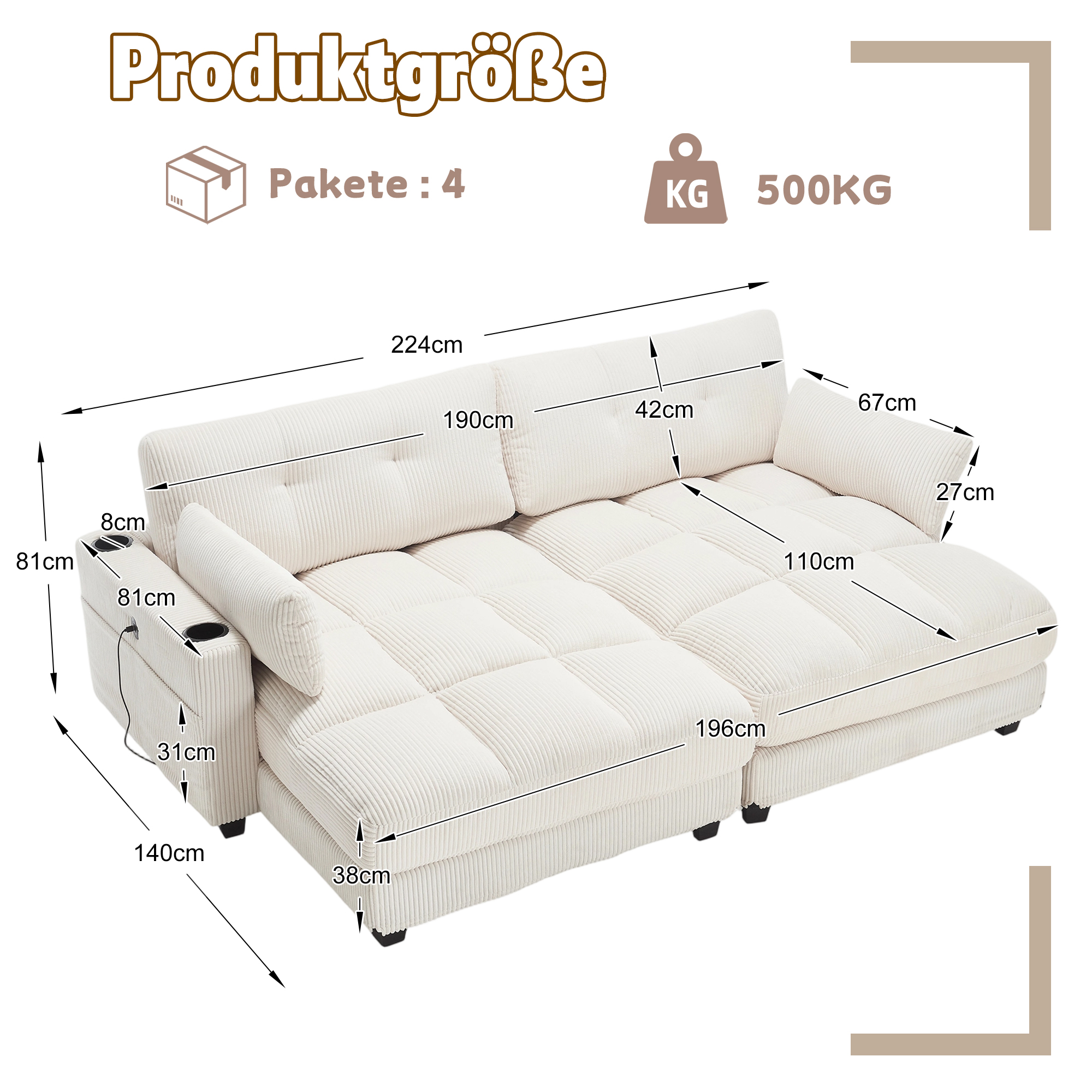 Canapé modulable 2 places 224 x 140 x 81 cm, avec poches latérales, porte-gobelets, port USB et prise électrique, Velours côtelé, beige - spécifications 1
