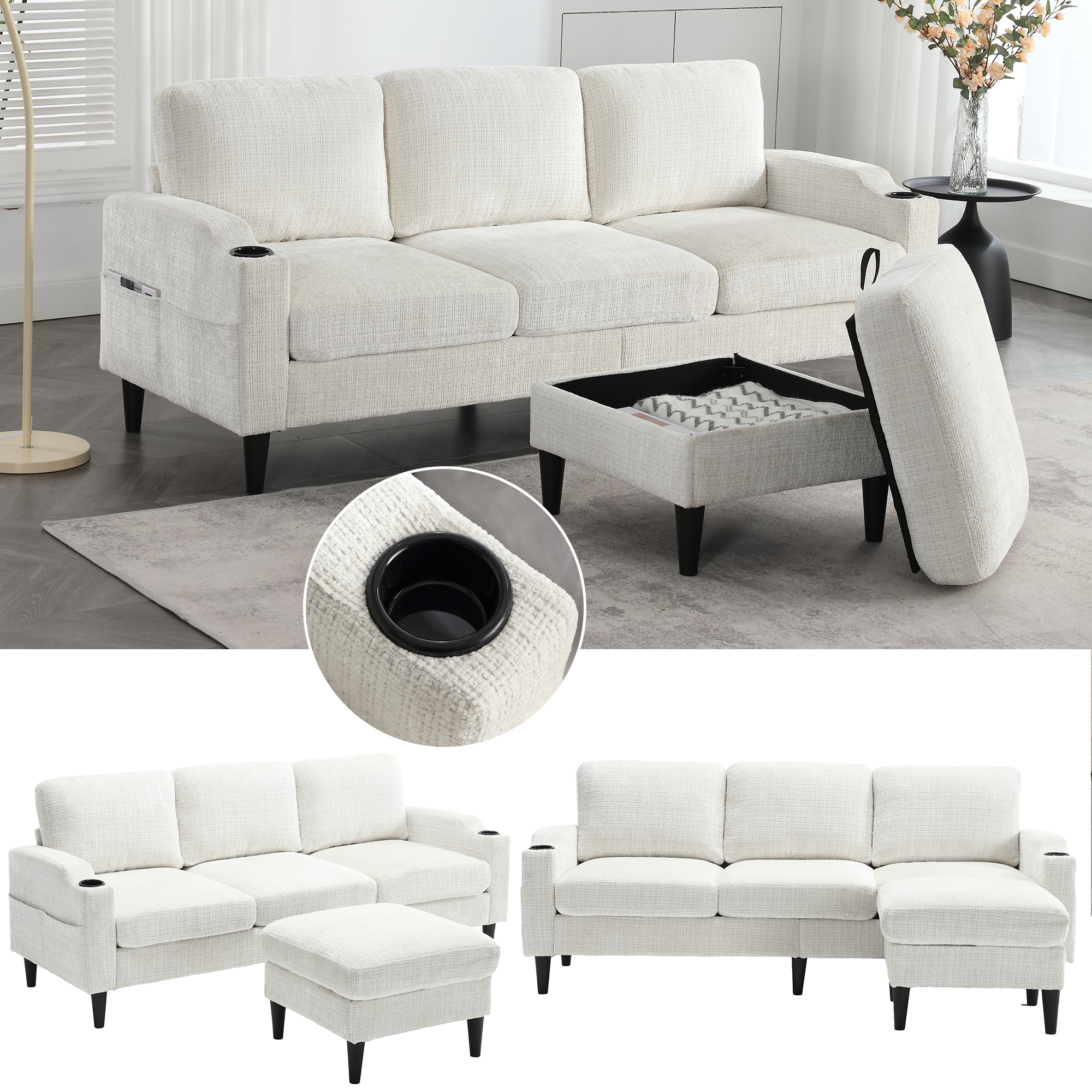 Elegantes Sofa mit Hocker & Stauraum – 4-Sitzer mi