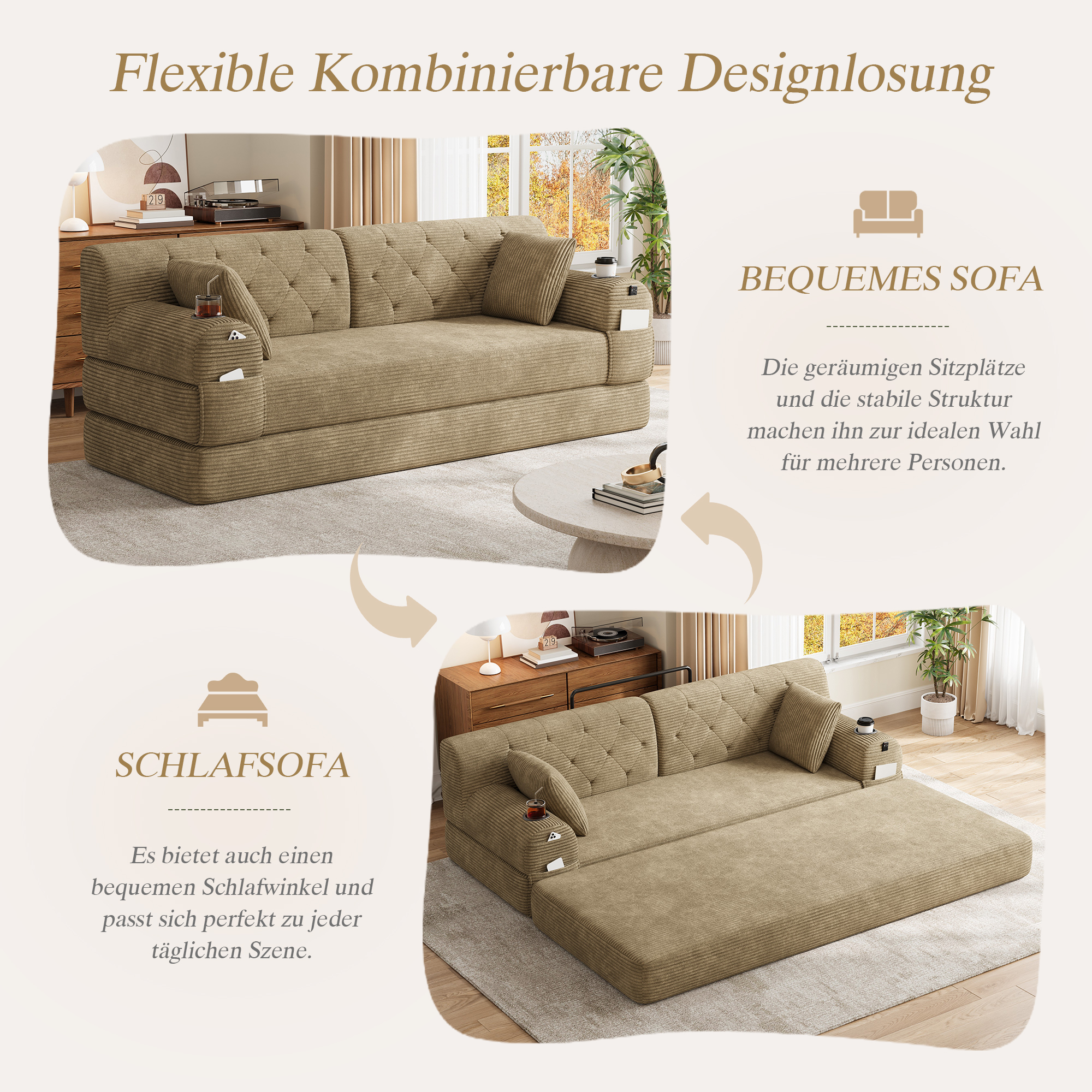Canapé convertible 3 places 208x80x81 cm avec rangements, porte-gobelets en velours côtelé khaki - présentation 1