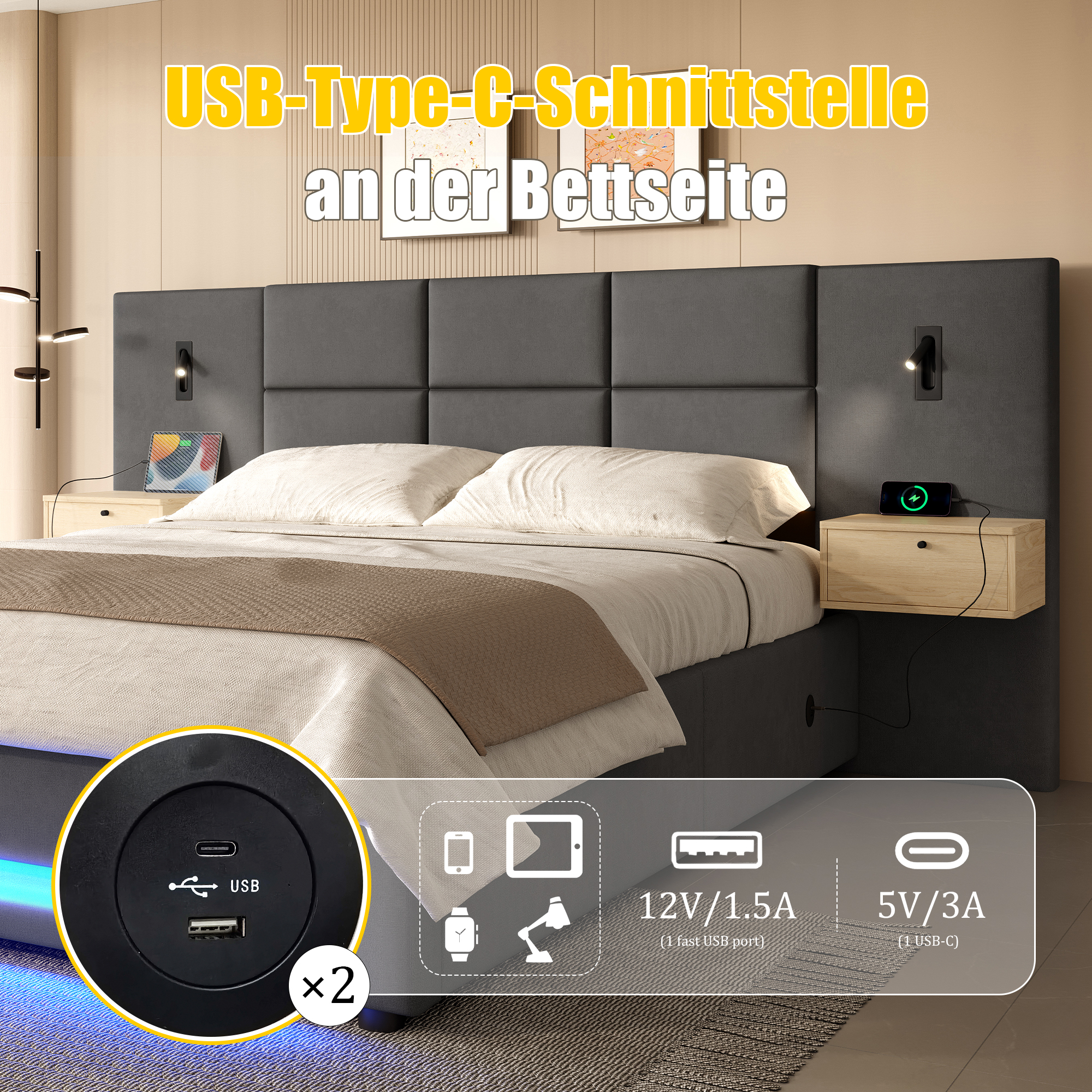 Lit coffre rembourré 180 x 200 cm avec échelle, LED, ports de charge, rangement hydraulique, velours, Gris foncé - dimensions et détails