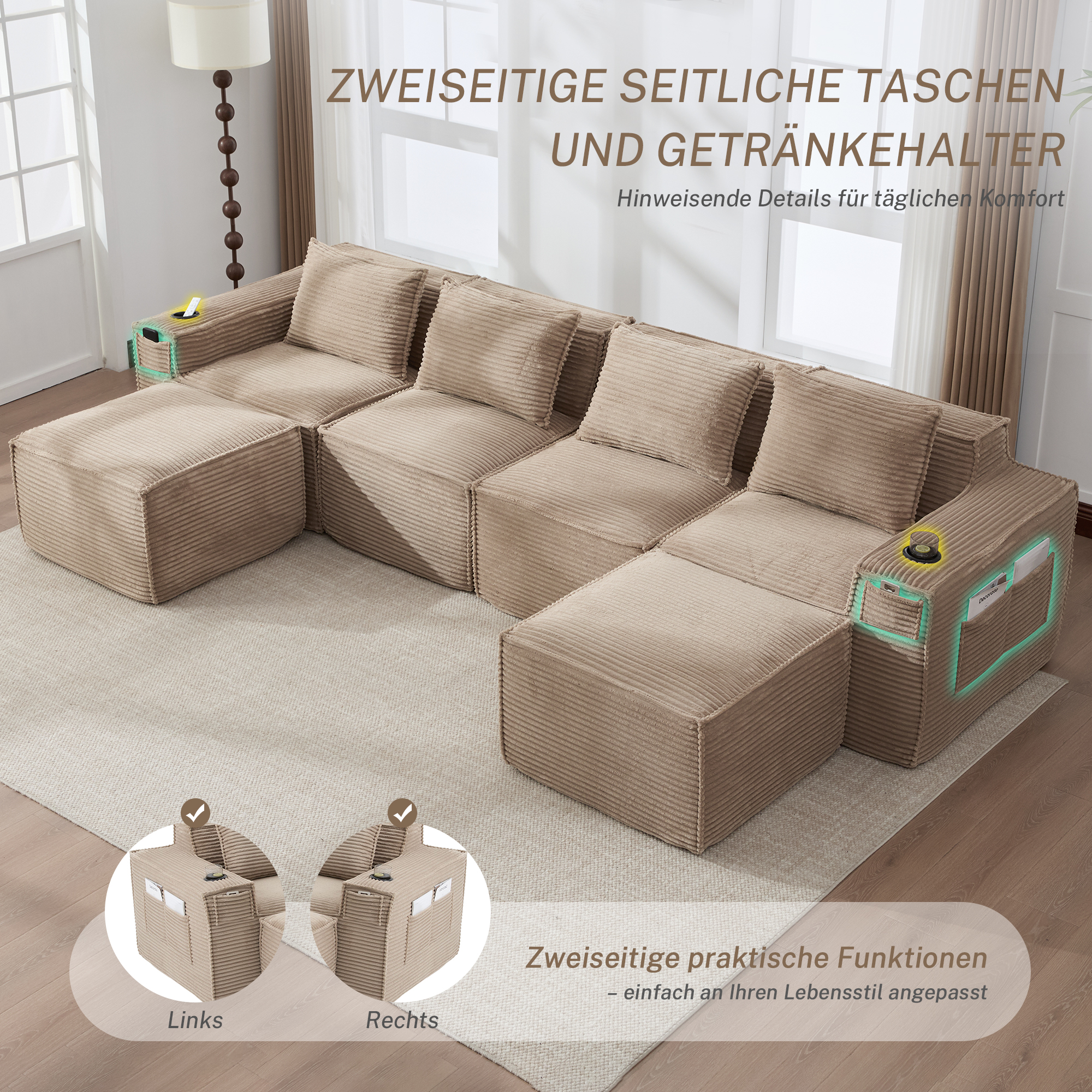 Canapé 4 places 330x162x75 cm avec rangements, poufs, porte-gobelets en velours côtelé khaki - vue complémentaire 1