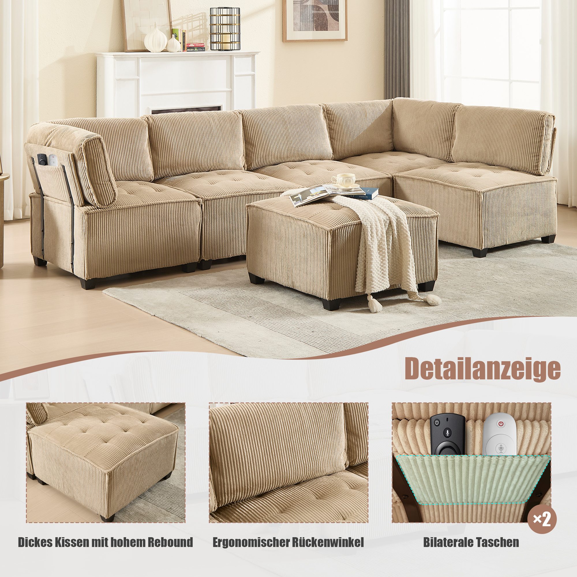 Modulares 6-Sitzer-Sofa, Cordstoff, ergonomisch, S