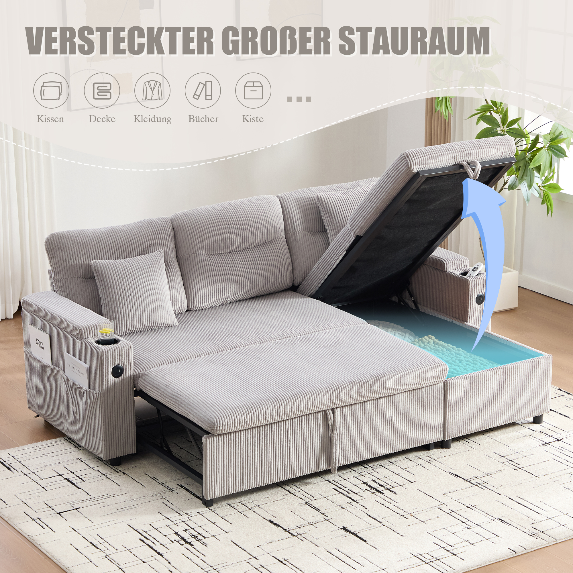 Chaise longue hydraulique canapé velours rangement