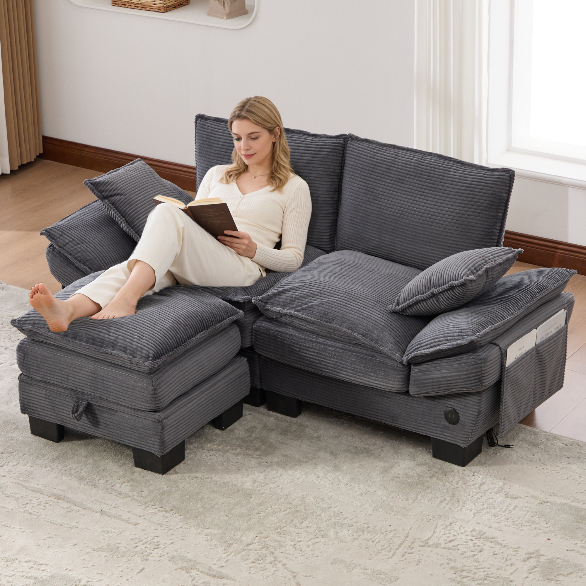 Canapé modulable 2 places 190 x 132 x 84 cm, avec coffre sous l’assise, pouf, ports USB/USB-C et prise électrique, Velours côtelé, gris foncé - points forts 1