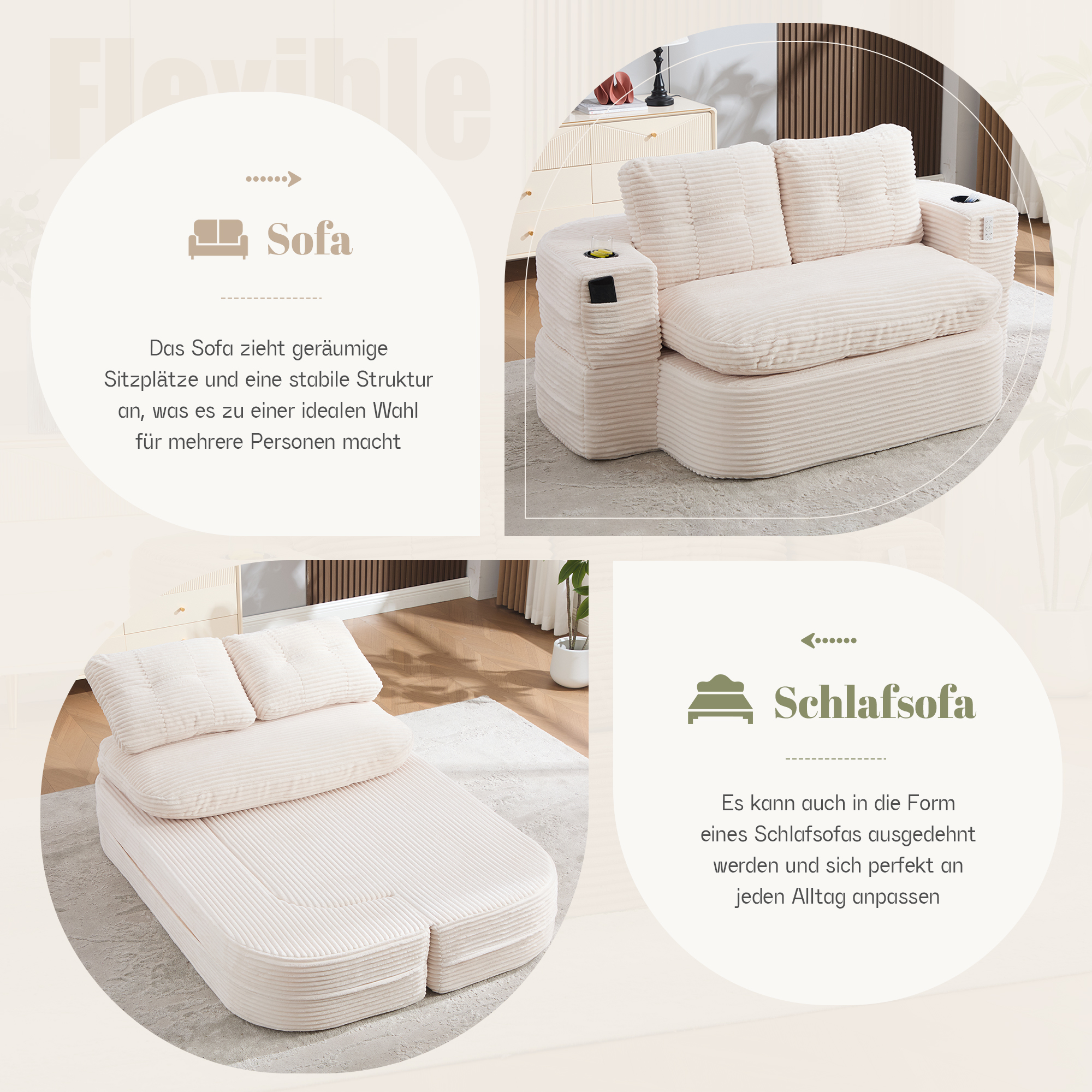 Fauteuil de relaxation 2 place en velours côtelé Beige 🪑 - points forts 1