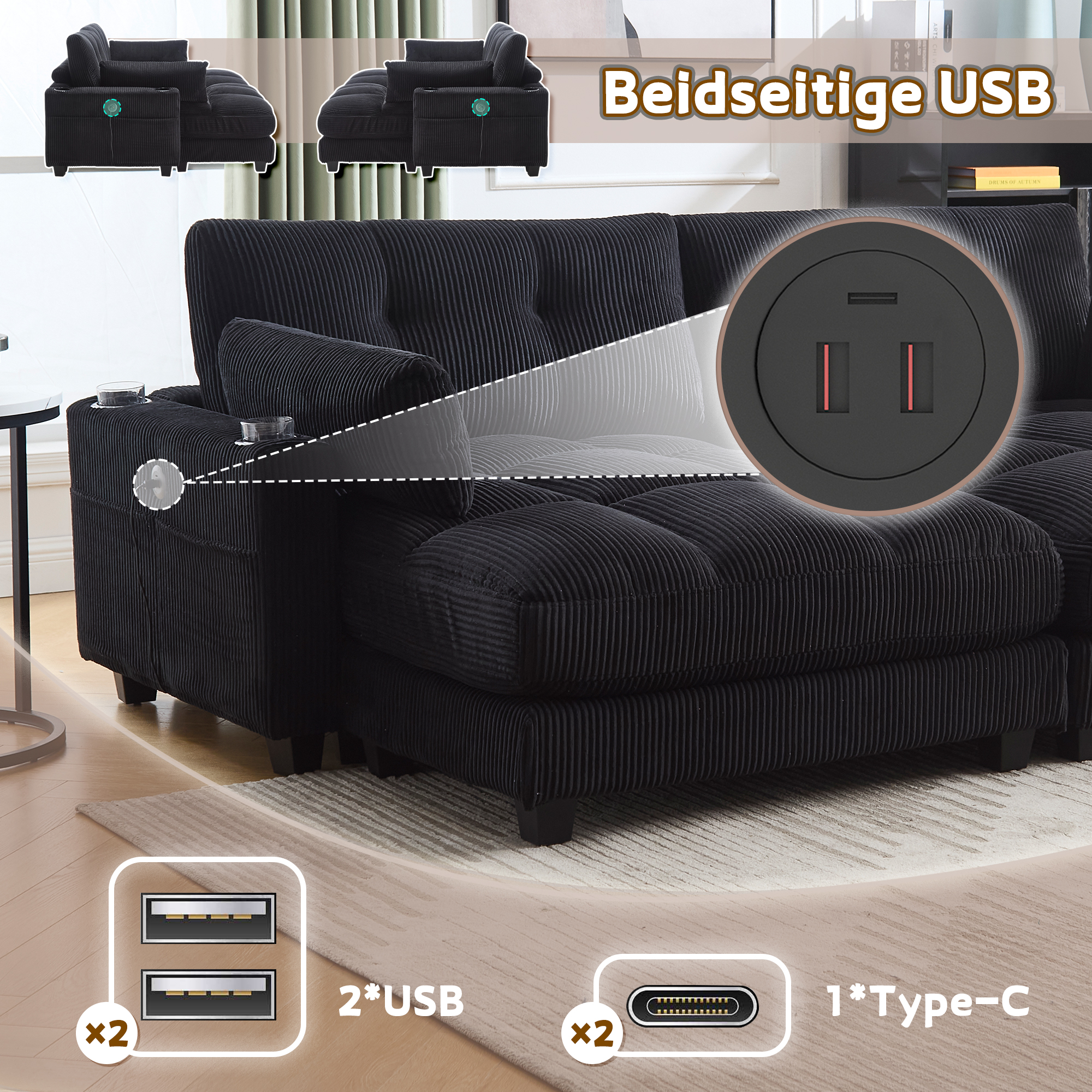 Canapé modulable 2 places 224 x 140 x 81 cm, avec poches latérales, porte-gobelets, port USB et prise électrique, Velours côtelé, noir - points forts 1