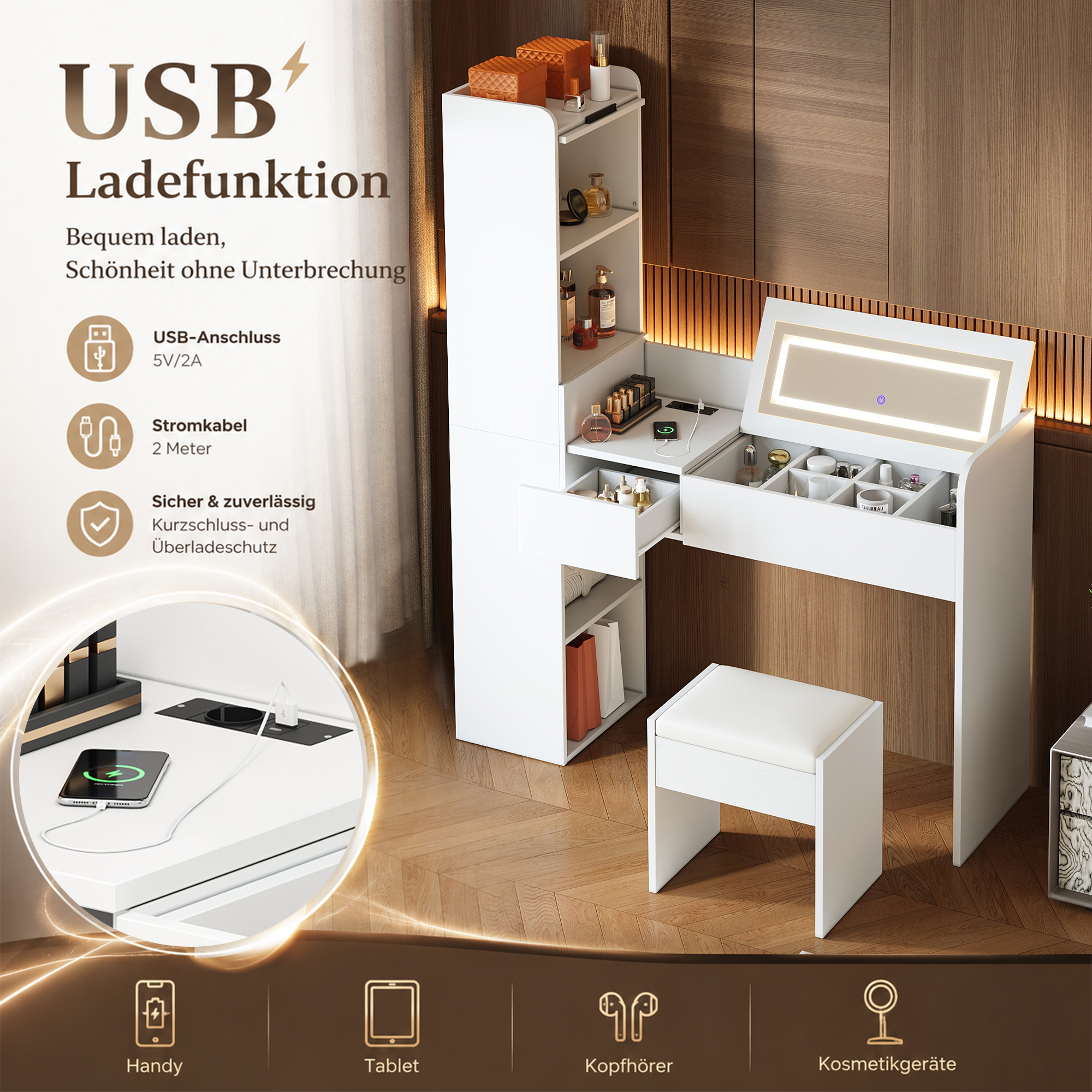 Port USB intégré au plateau de la coiffeuse