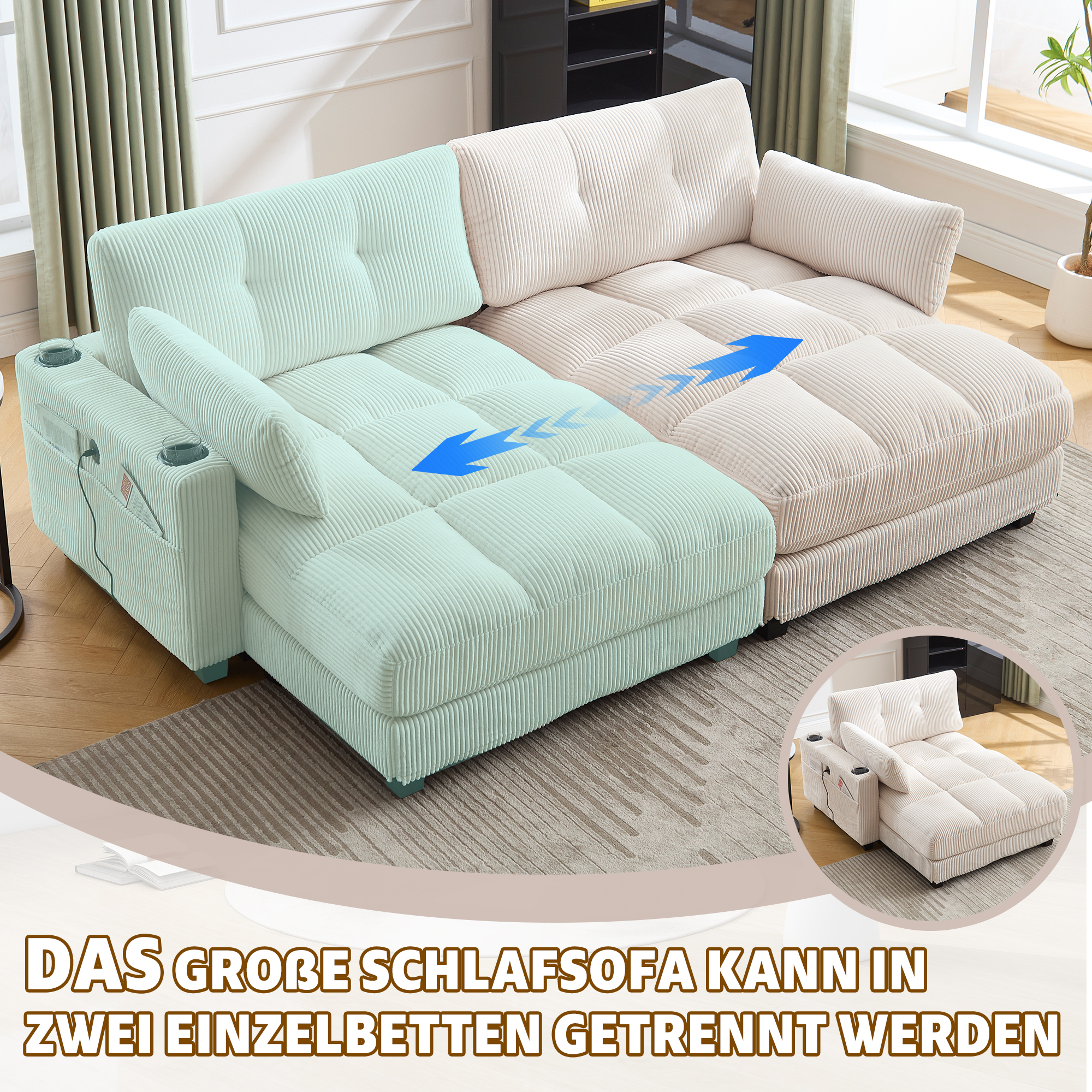 Canapé modulable 2 places 224 x 140 x 81 cm, avec poches latérales, porte-gobelets, port USB et prise électrique, Velours côtelé, beige - points forts 1