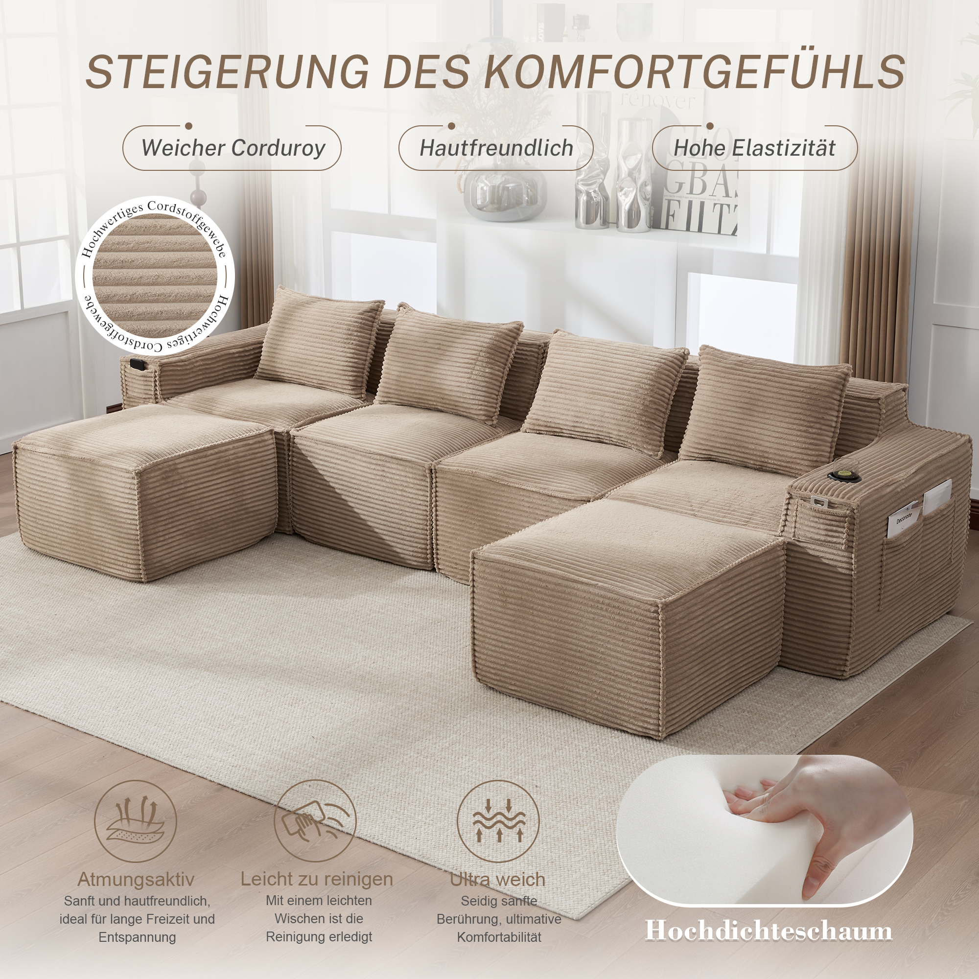 Canapé 4 places 330x162x75 cm avec rangements, poufs, porte-gobelets en velours côtelé khaki - présentation 1