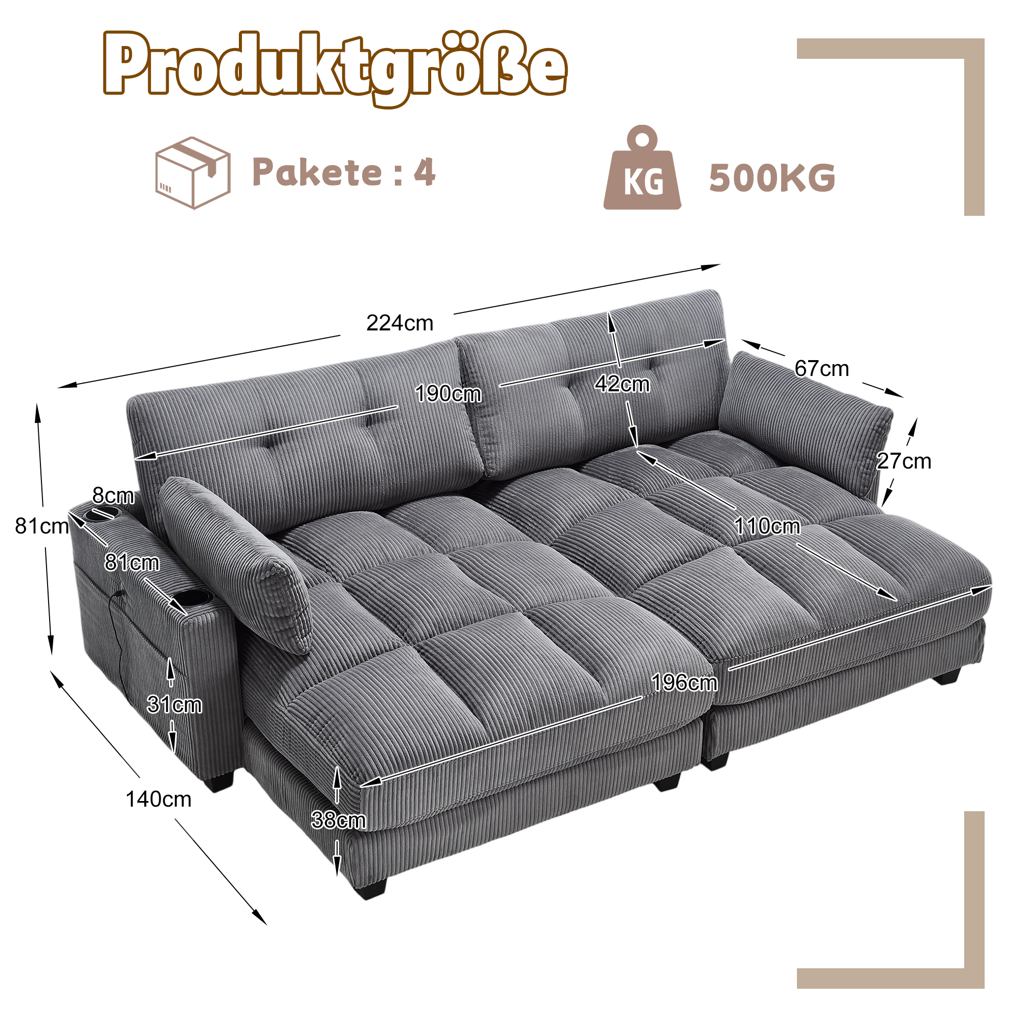 Canapé modulable 2 places 224 x 140 x 81 cm, avec poches latérales, porte-gobelets, port USB et prise électrique, Velours côtelé, gris foncé - spécifications 1