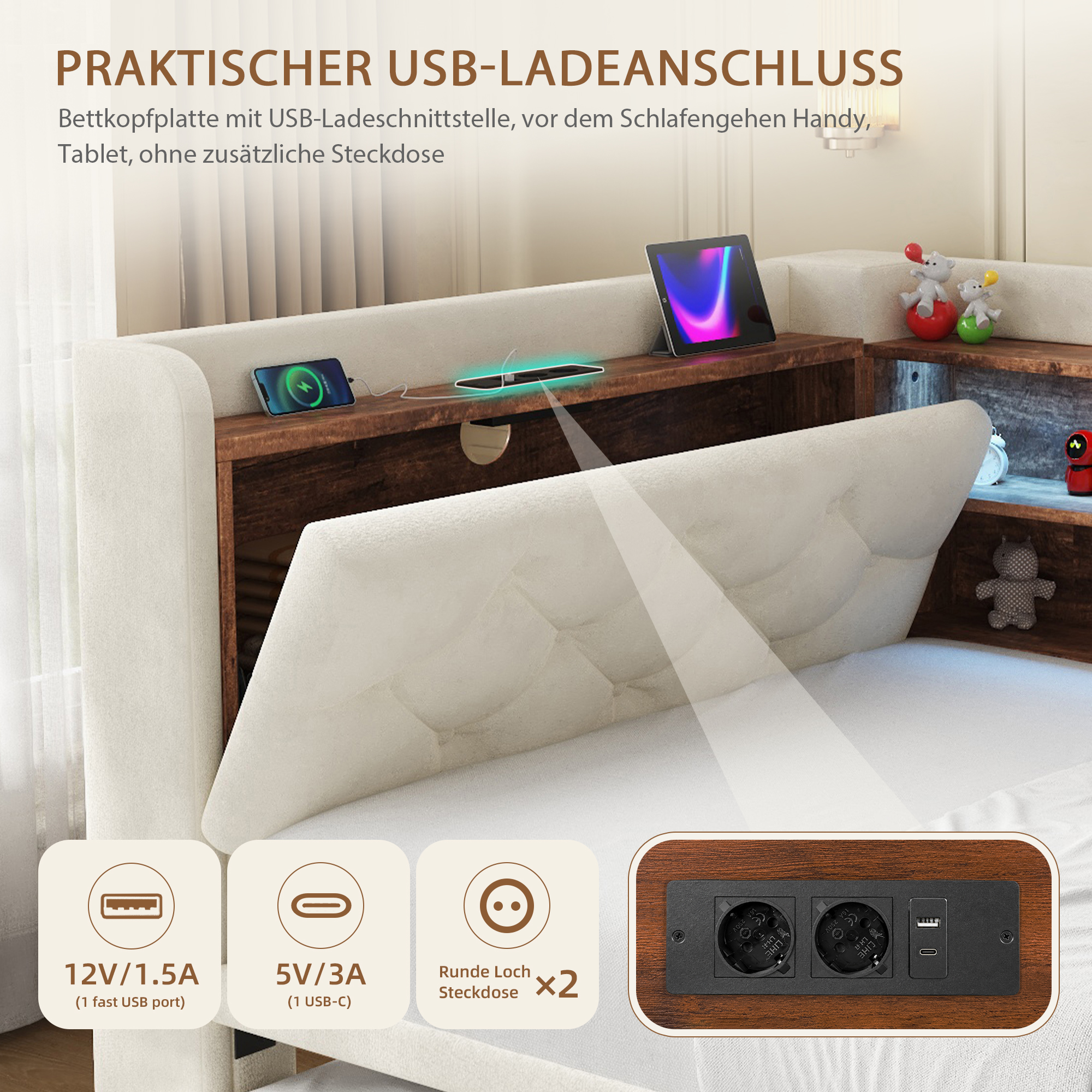 Tête de lit avec étagère LED USB et Type-C