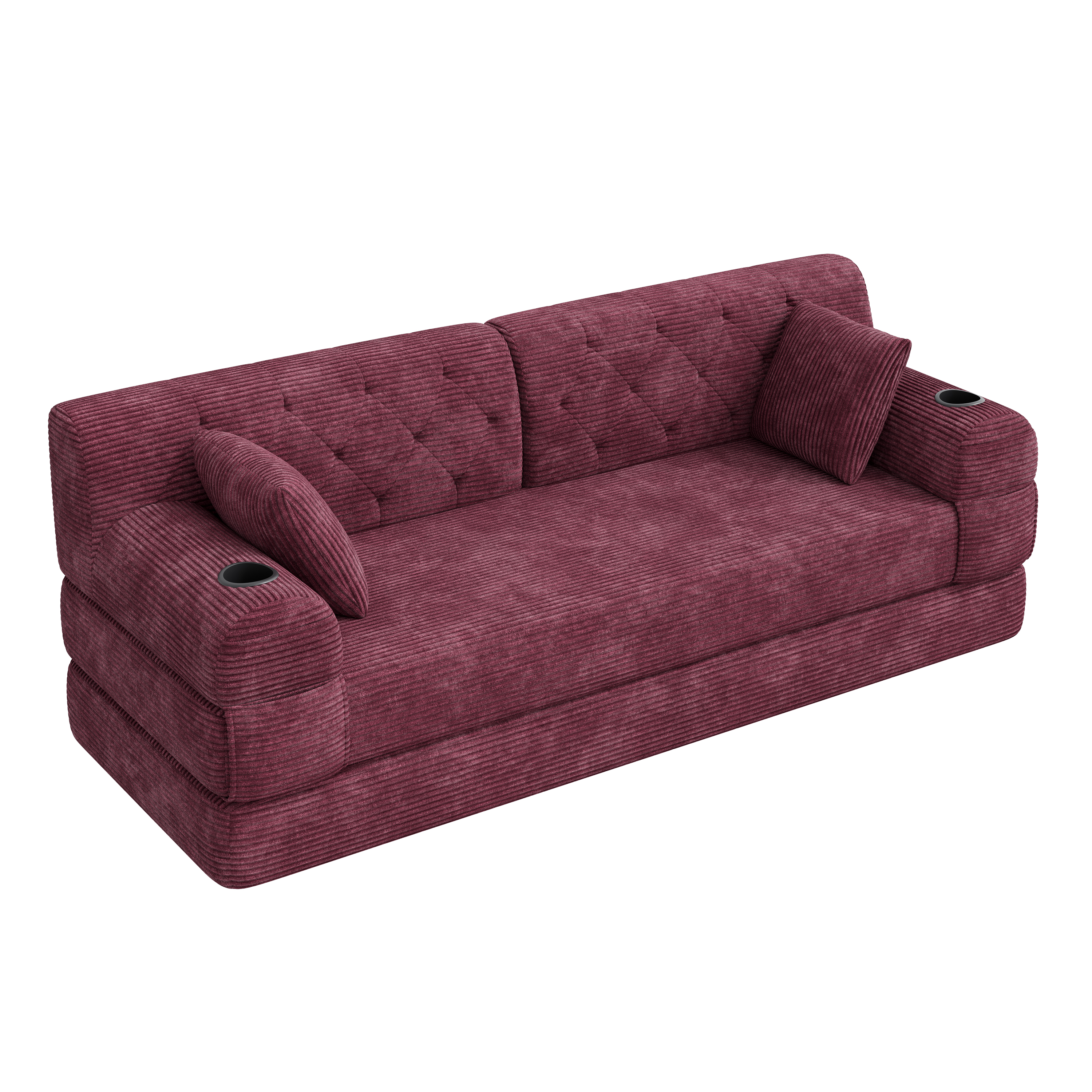 Canapé convertible 3 places 208x80x81 cm avec rangements, porte-gobelets en velours côtelé rouge - spécifications 1