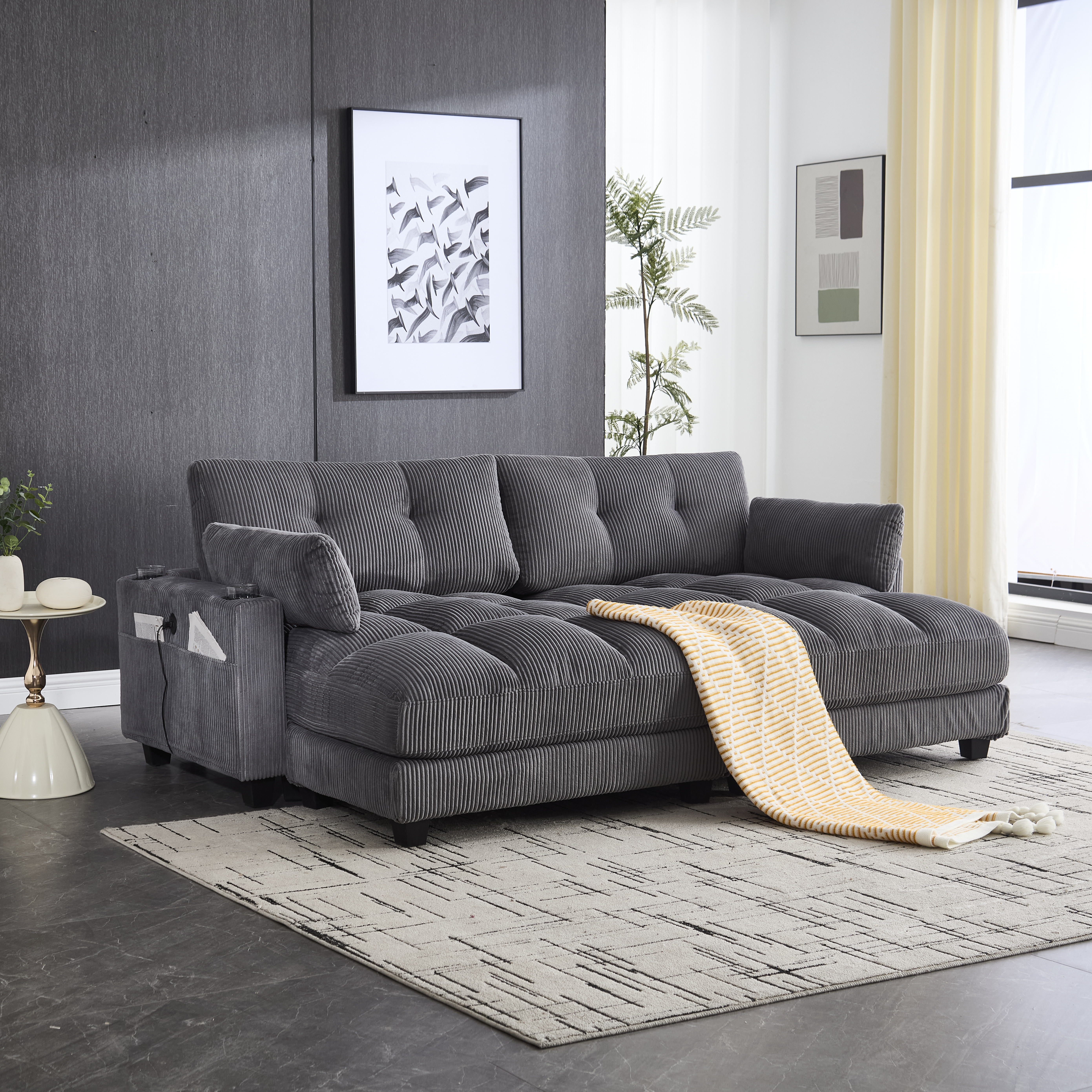 Canapé modulable 2 places 224 x 140 x 81 cm, avec poches latérales, porte-gobelets, port USB et prise électrique, Velours côtelé, gris foncé - vue principale 1