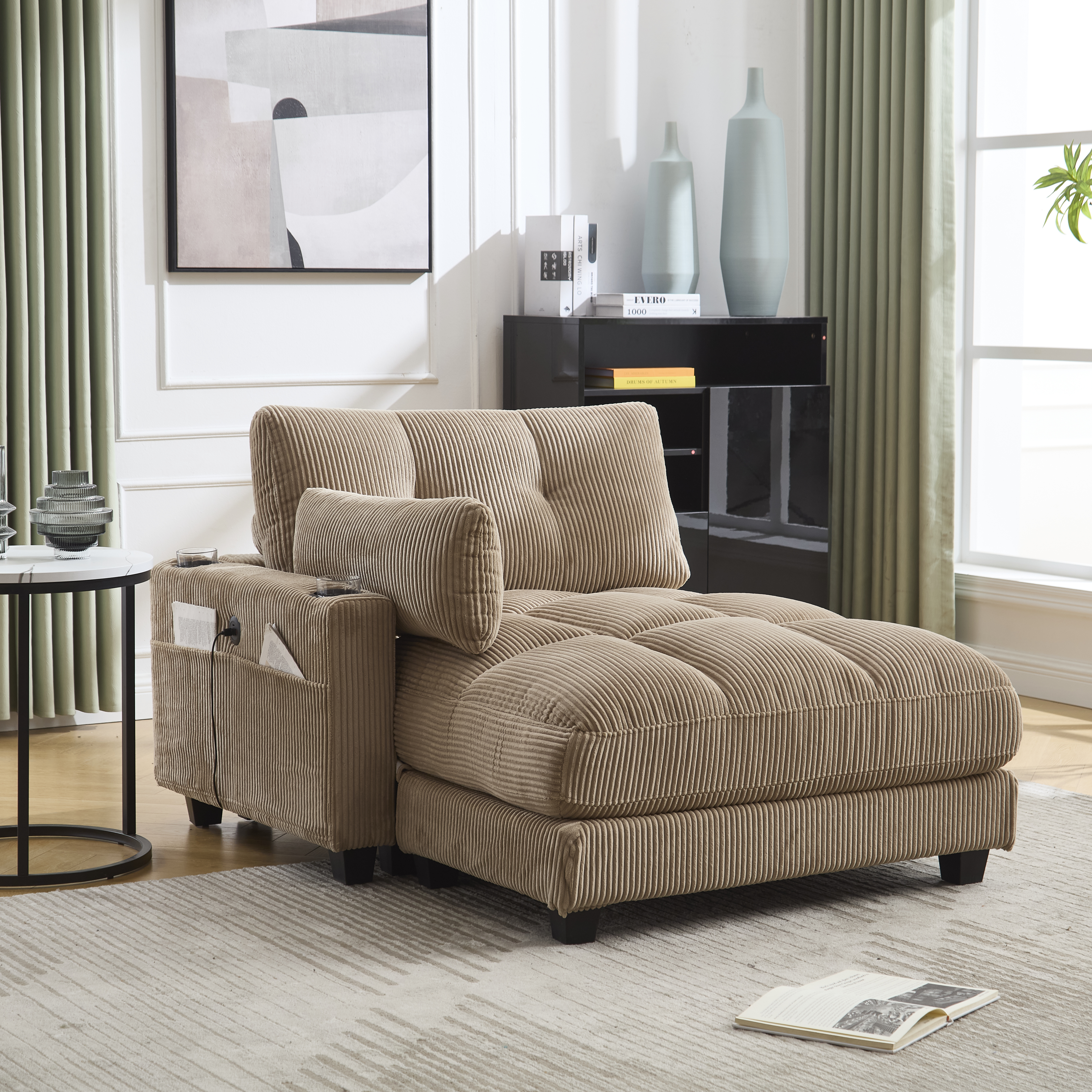 Fauteuil palmier en corduroy kaki avec coussins - vue 4