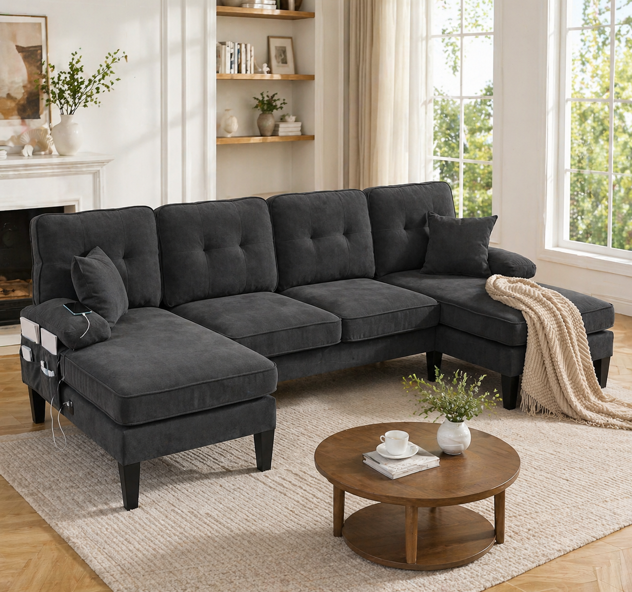 Großes U-förmiges 4-Sitzer Sofa aus weichem Leinen