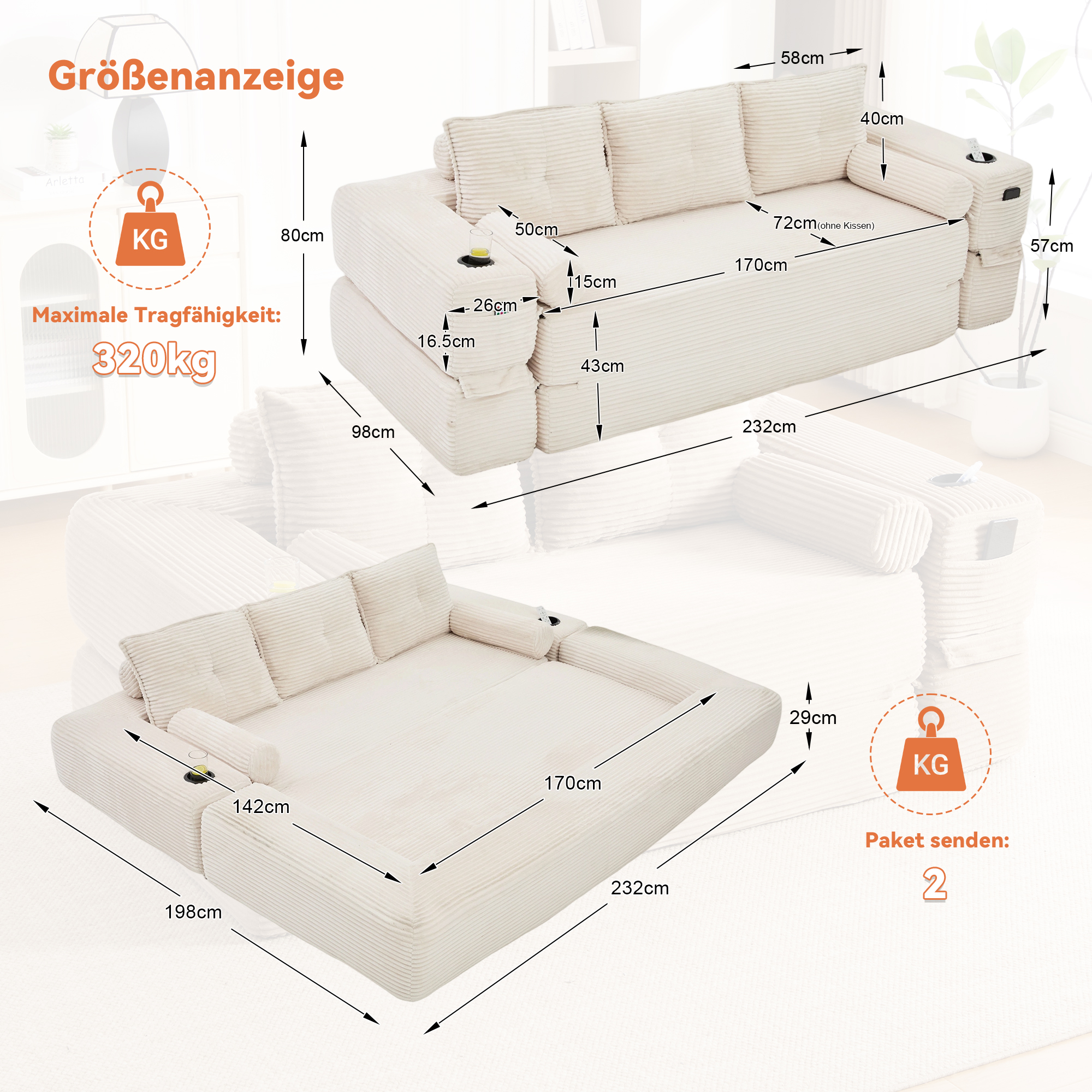 Canapé-lit pliable 3 places en corduroy beige avec porte-gobelets - vue 3