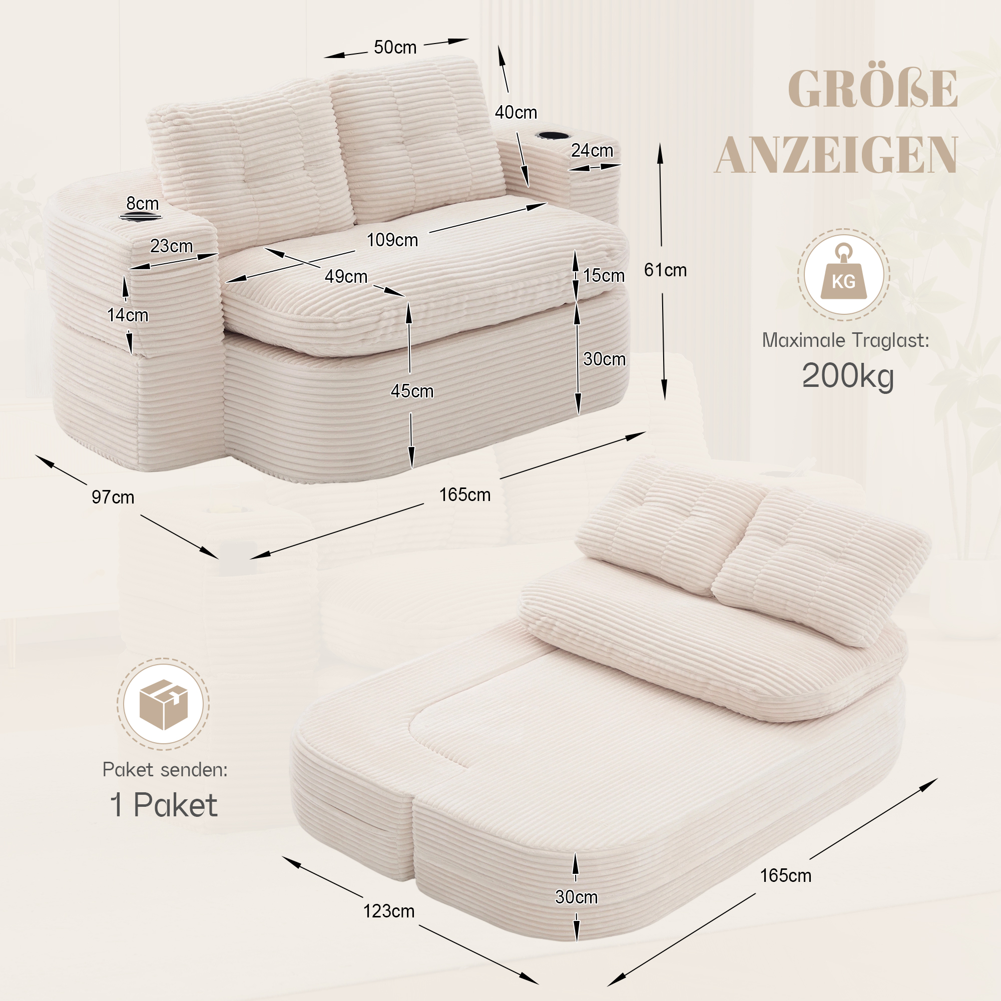 Fauteuil de relaxation 2 place en velours côtelé Beige 🪑 - vue complémentaire 1