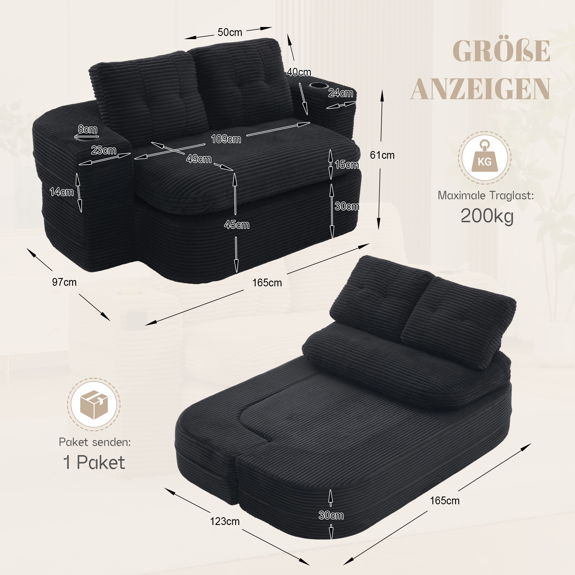 Fauteuil-lit 2-en-1 en corduroy noir avec repose-bras réglable - vue 2
