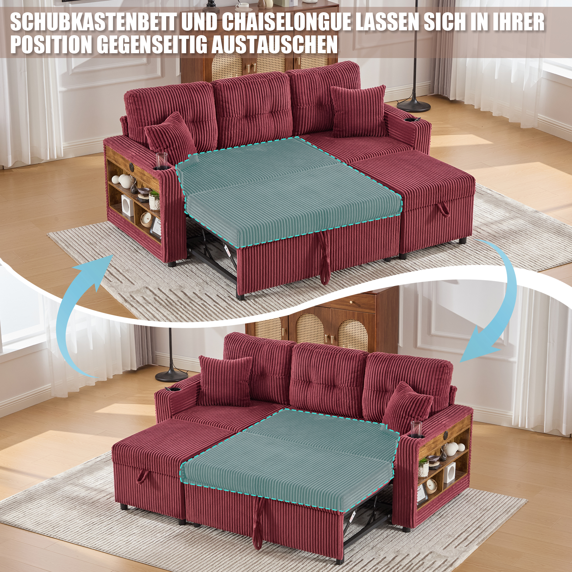 Mehrfunktionales Cord-Sofa mit Stauraum & Ausziehb