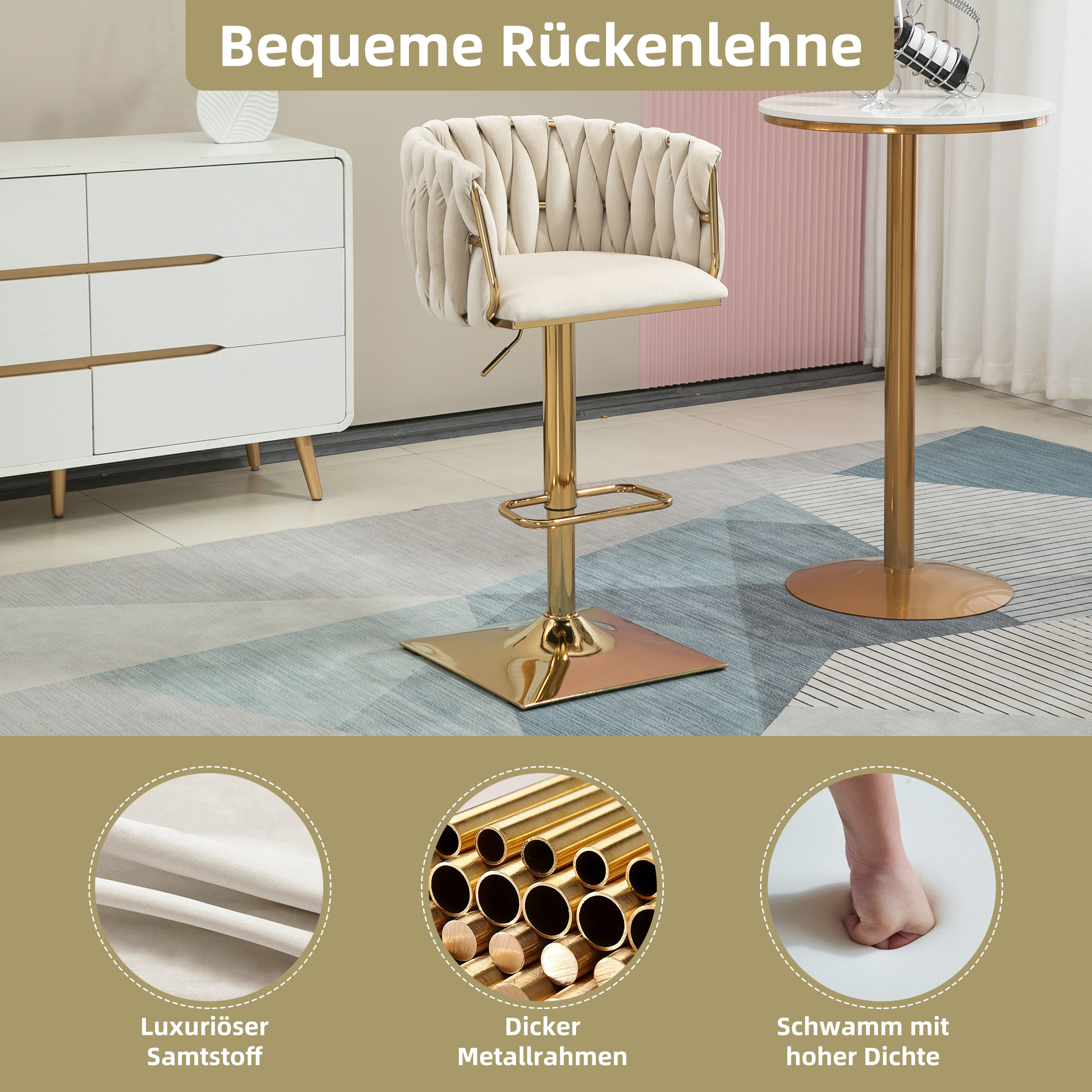 Tabouret de bar, lot de 2, 53 x 51 x 87 cm, velours, Ivory - vue 4