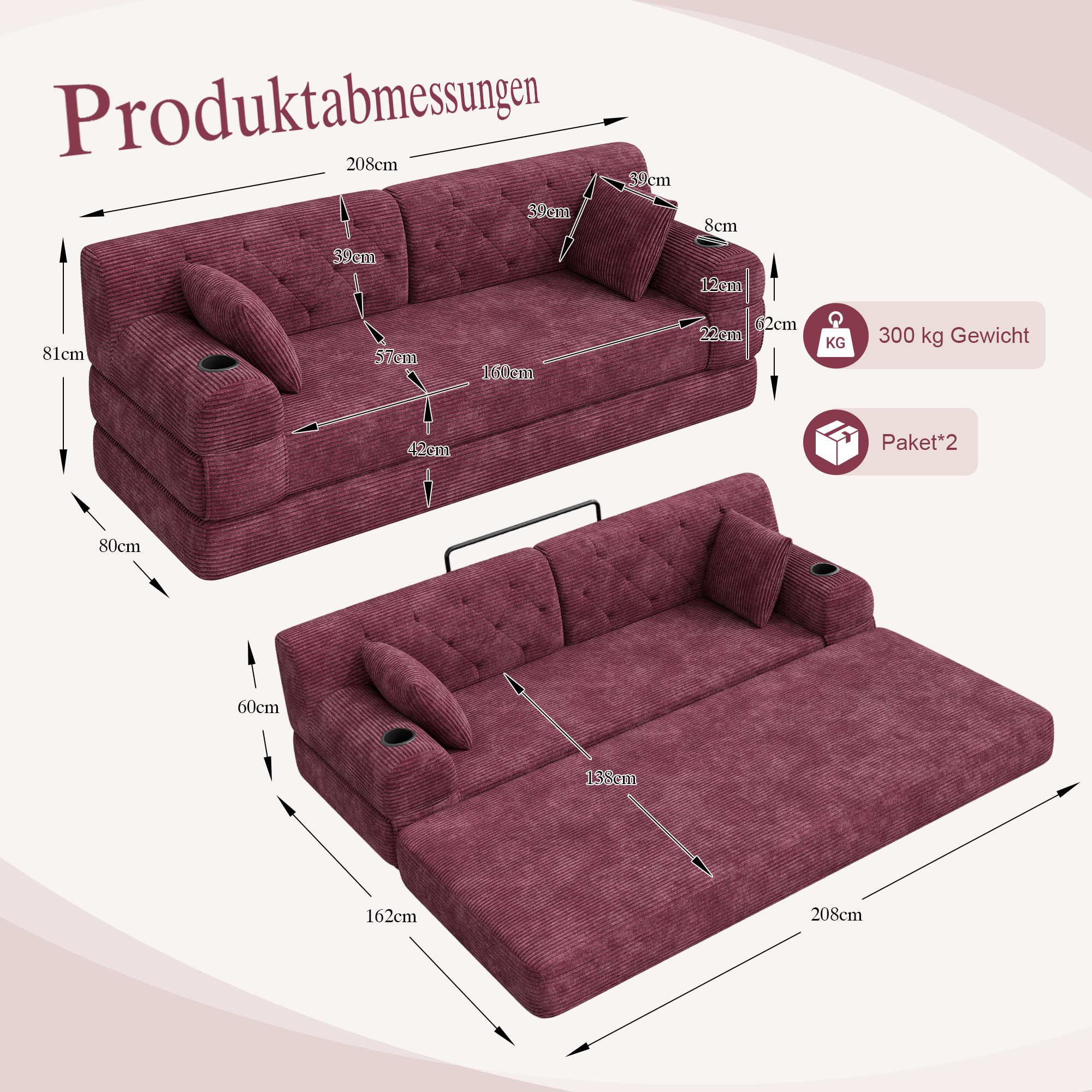 Canapé convertible 3 places 208x80x81 cm avec rangements, porte-gobelets en velours côtelé rouge - points forts 1