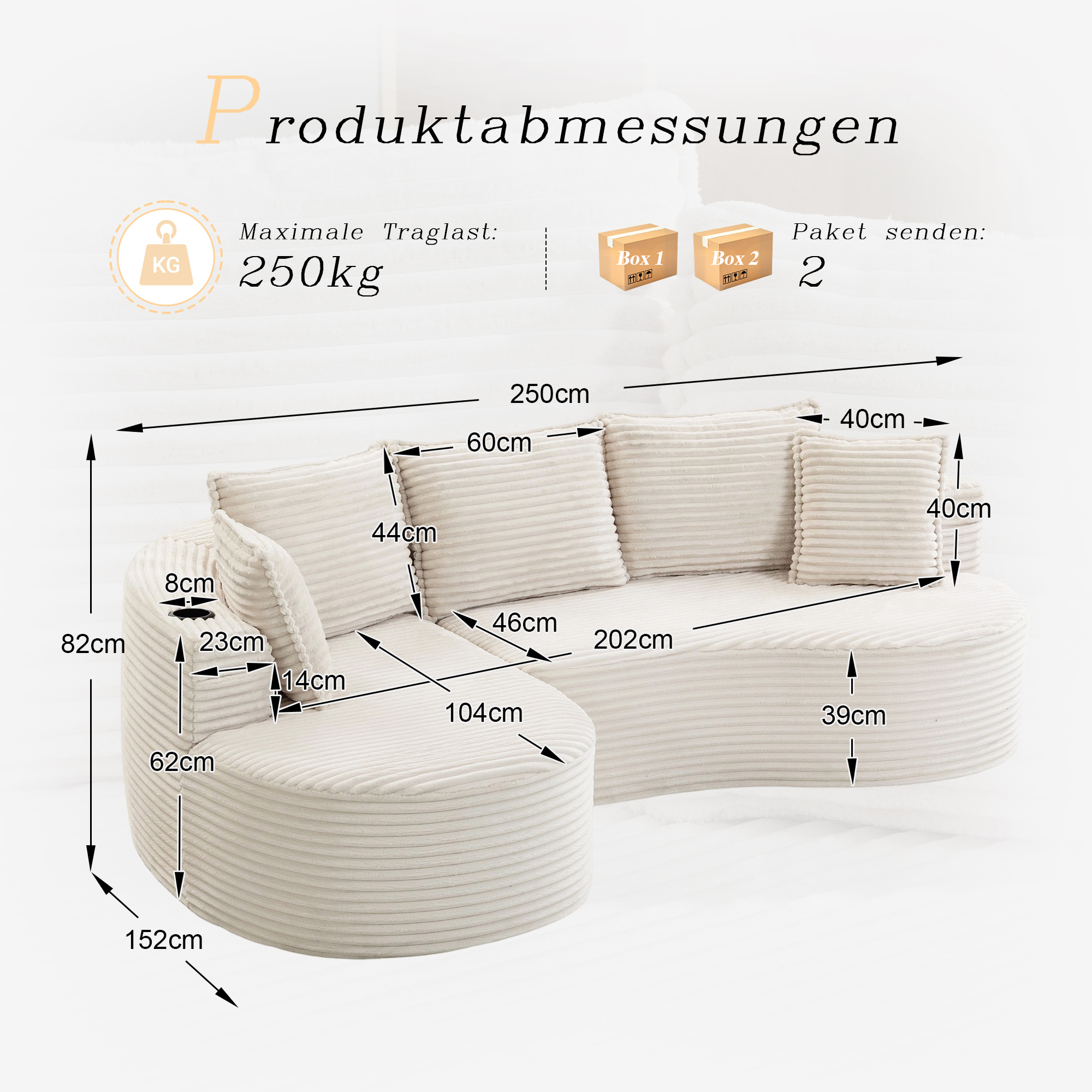 Canapé d angle en corduroy beige avec porte-gobelets - vue 2
