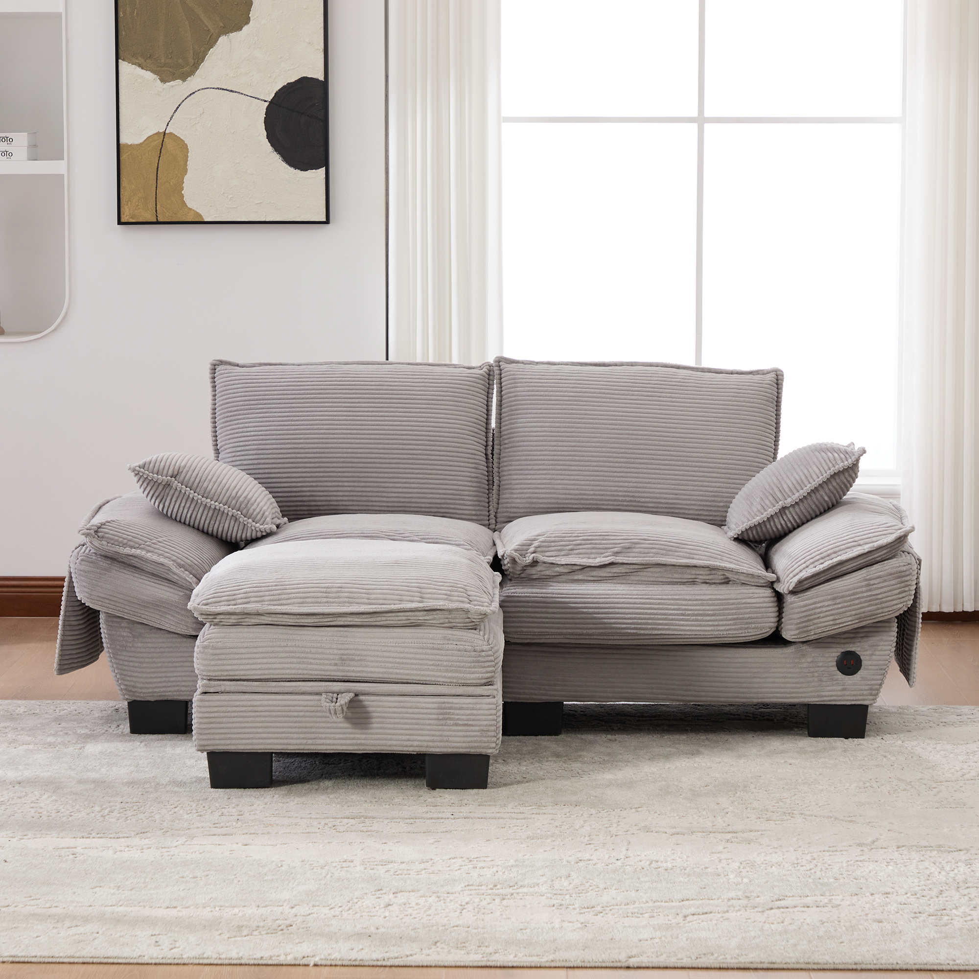 Canapé modulable 2 places 190 x 132 x 84 cm, avec coffre sous l’assise, pouf, ports USB/USB-C et prise électrique, Velours côtelé, gris clair - présentation 1