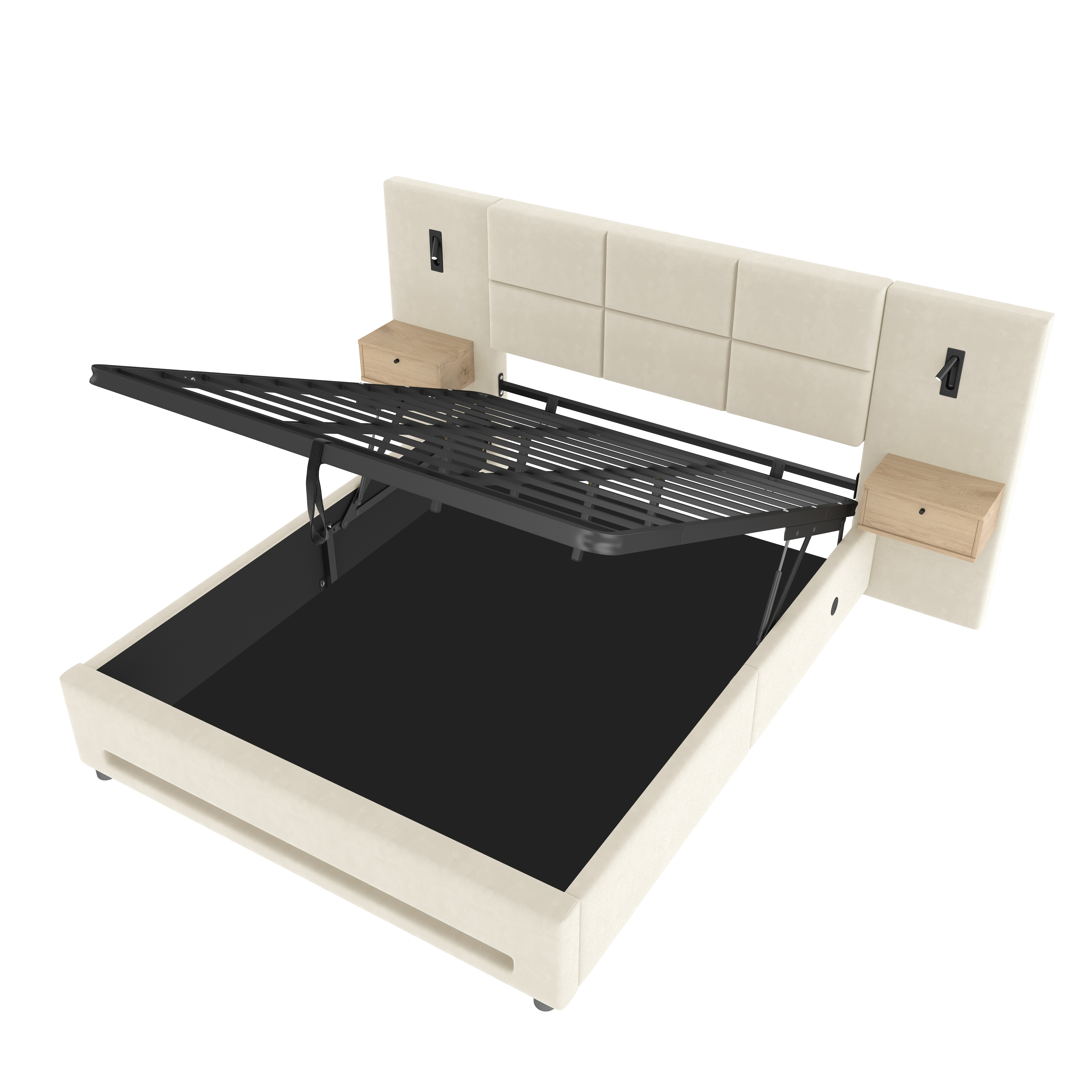 Lit coffre rembourré 180 x 200 cm avec échelle, LED, ports de charge, rangement hydraulique, velours, Beige - vue complémentaire