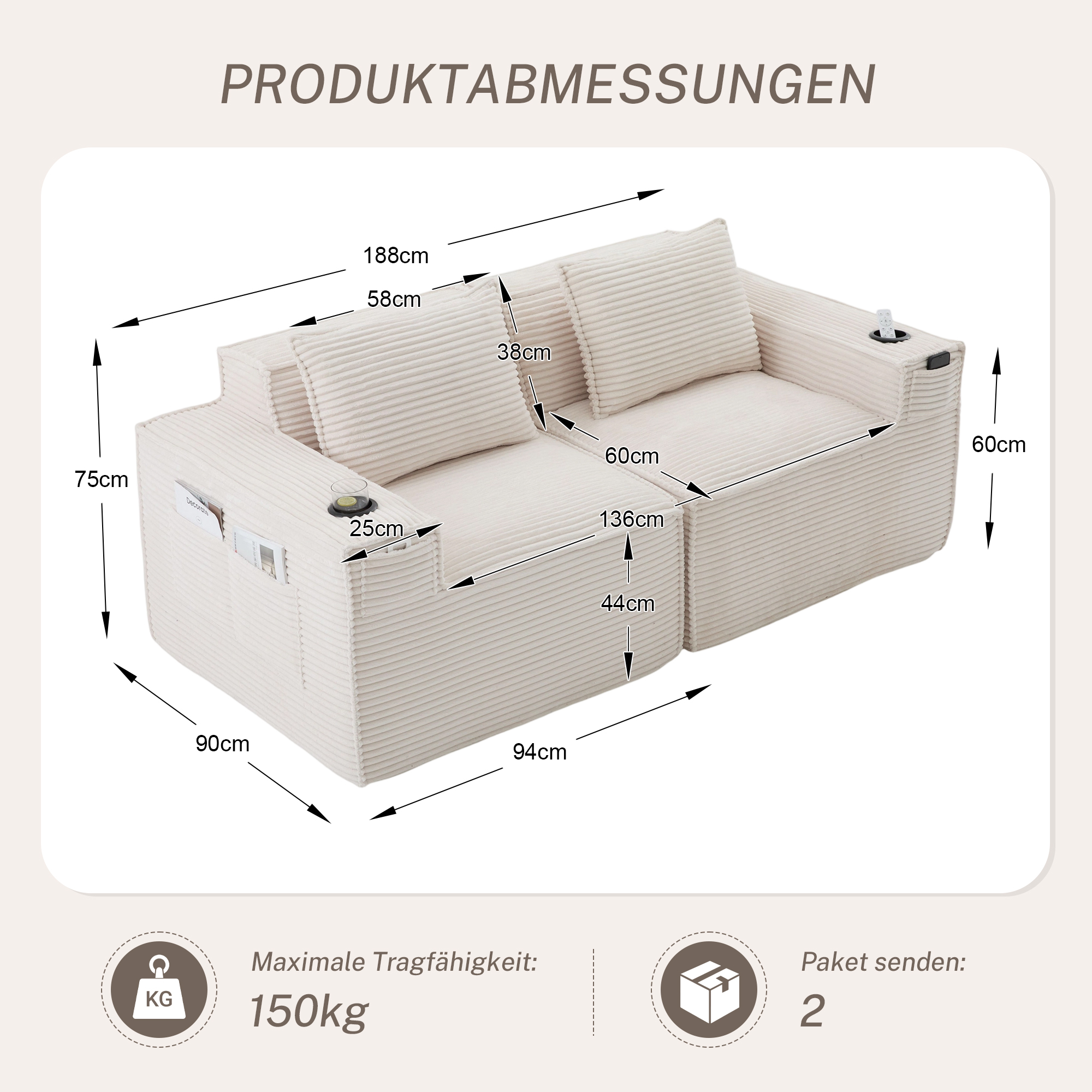 Modulares 2-Sitzer-Cordsofa mit Getränkehaltern un