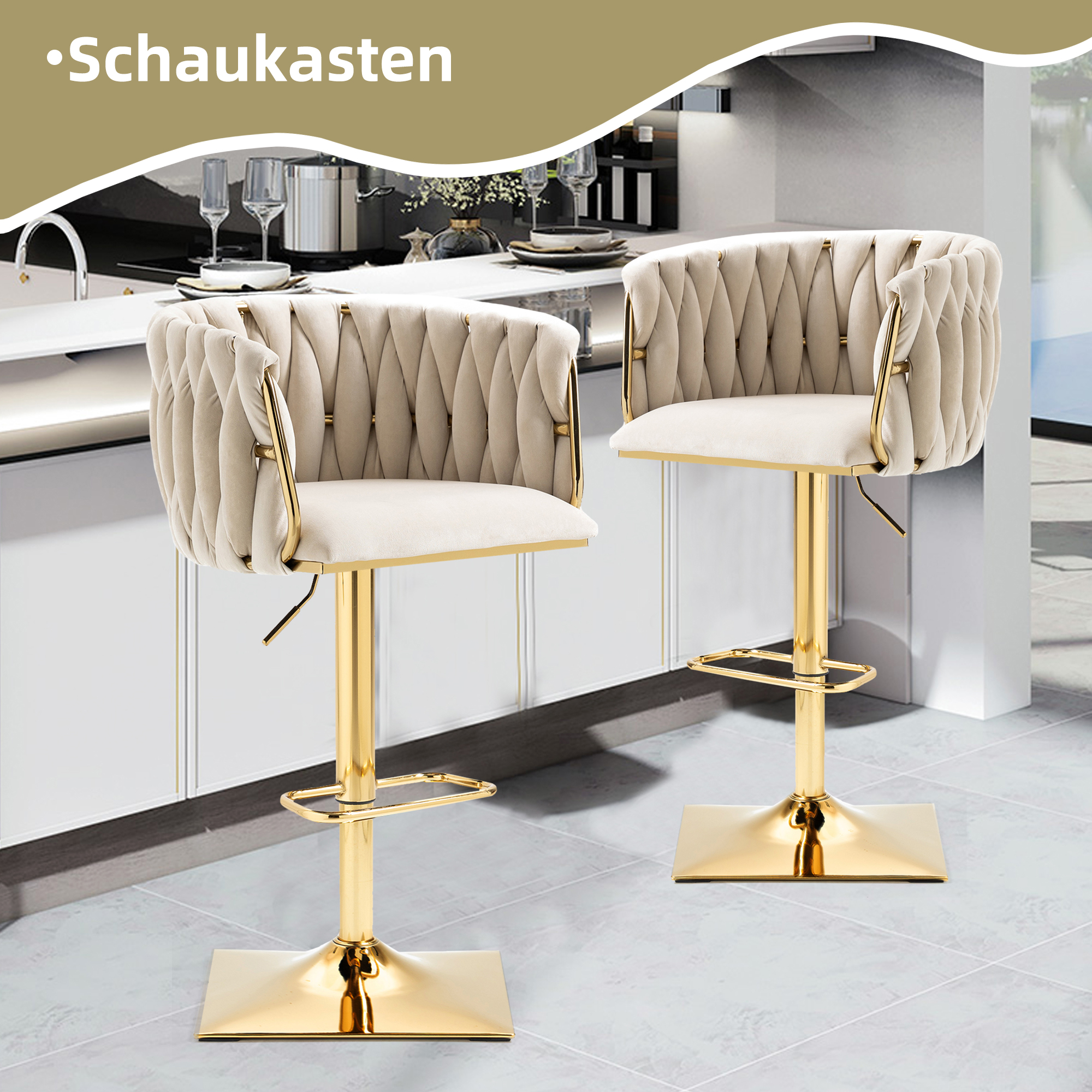 Tabouret de bar, lot de 2, 53 x 51 x 87 cm, velours, Ivory - vue 2